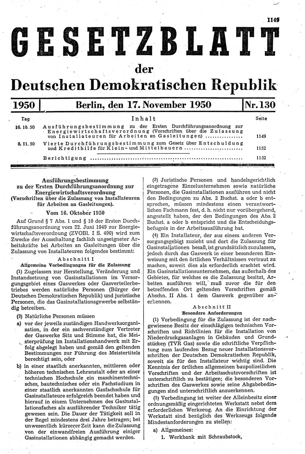 Gesetzblatt (GBl.) der Deutschen Demokratischen Republik (DDR) 1950, Seite 1149 (GBl. DDR 1950, S. 1149)