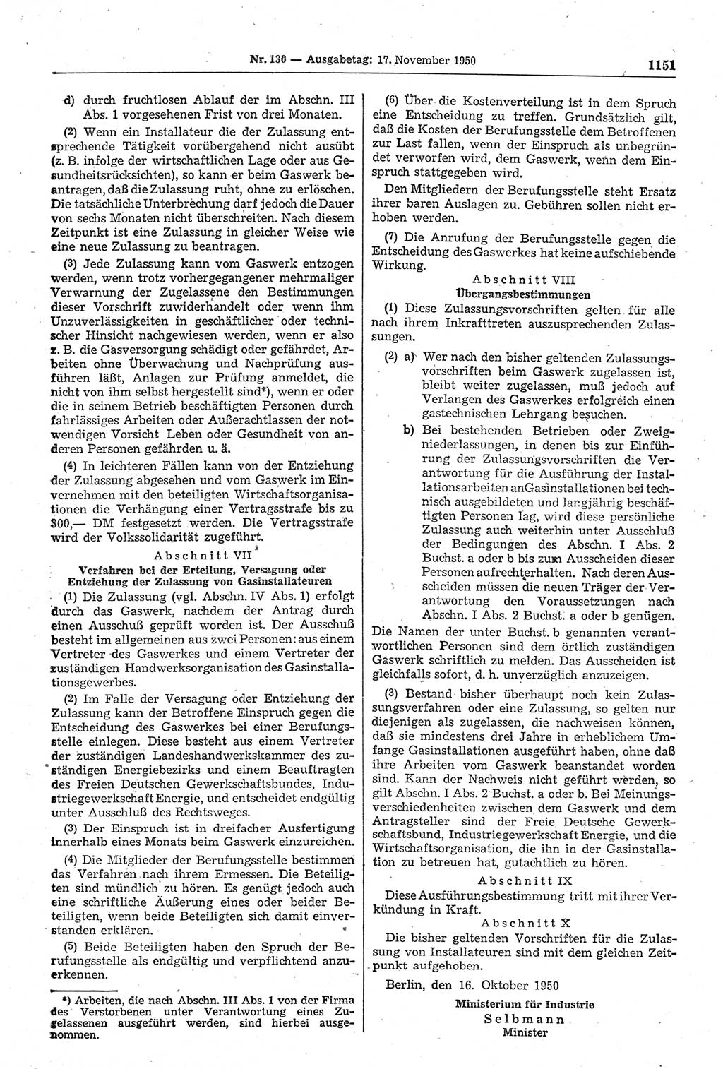 Gesetzblatt (GBl.) der Deutschen Demokratischen Republik (DDR) 1950, Seite 1151 (GBl. DDR 1950, S. 1151)