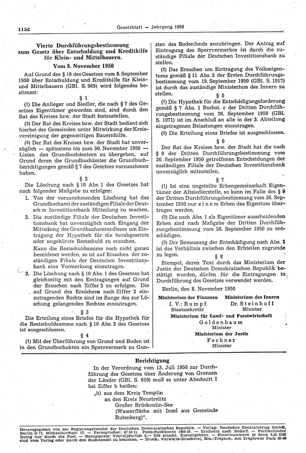 Gesetzblatt (GBl.) der Deutschen Demokratischen Republik (DDR) 1950, Seite 1152 (GBl. DDR 1950, S. 1152)