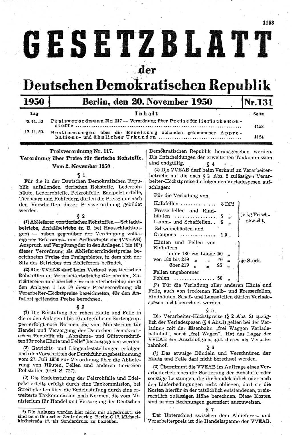 Gesetzblatt (GBl.) der Deutschen Demokratischen Republik (DDR) 1950, Seite 1153 (GBl. DDR 1950, S. 1153)