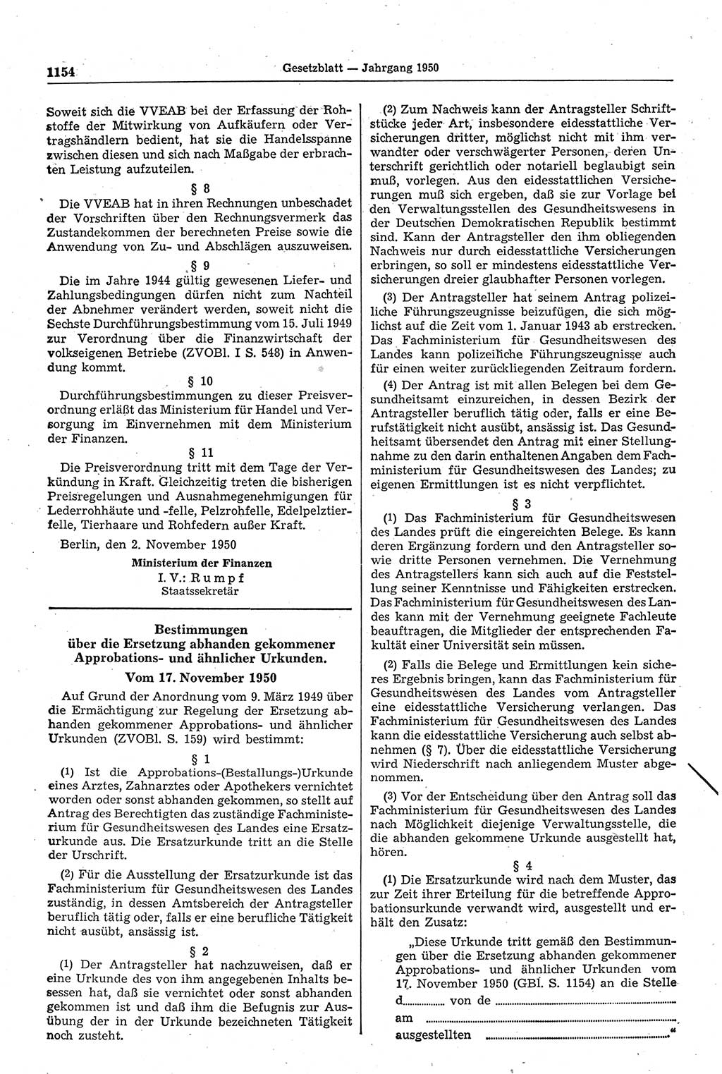 Gesetzblatt (GBl.) der Deutschen Demokratischen Republik (DDR) 1950, Seite 1154 (GBl. DDR 1950, S. 1154)