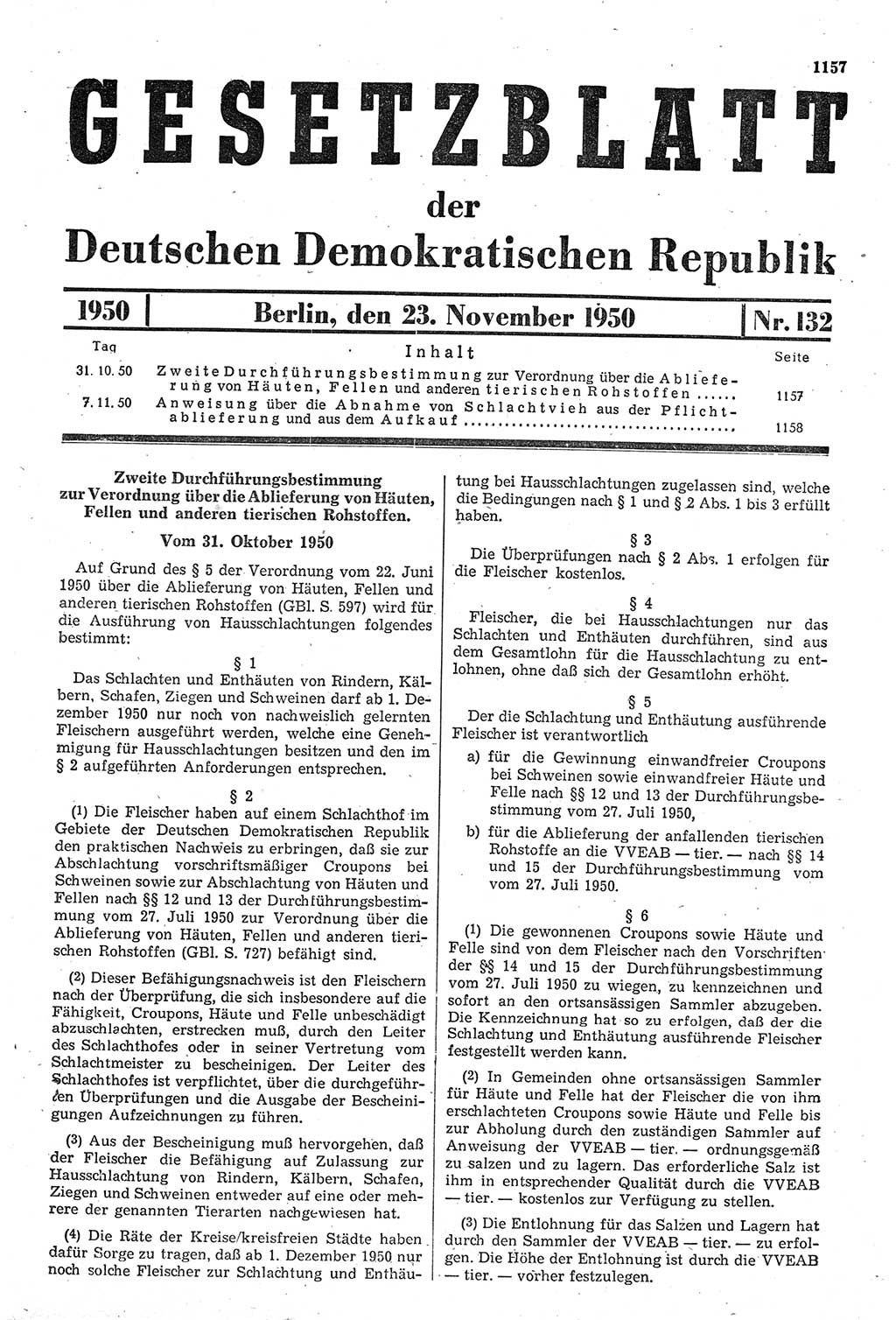 Gesetzblatt (GBl.) der Deutschen Demokratischen Republik (DDR) 1950, Seite 1157 (GBl. DDR 1950, S. 1157)