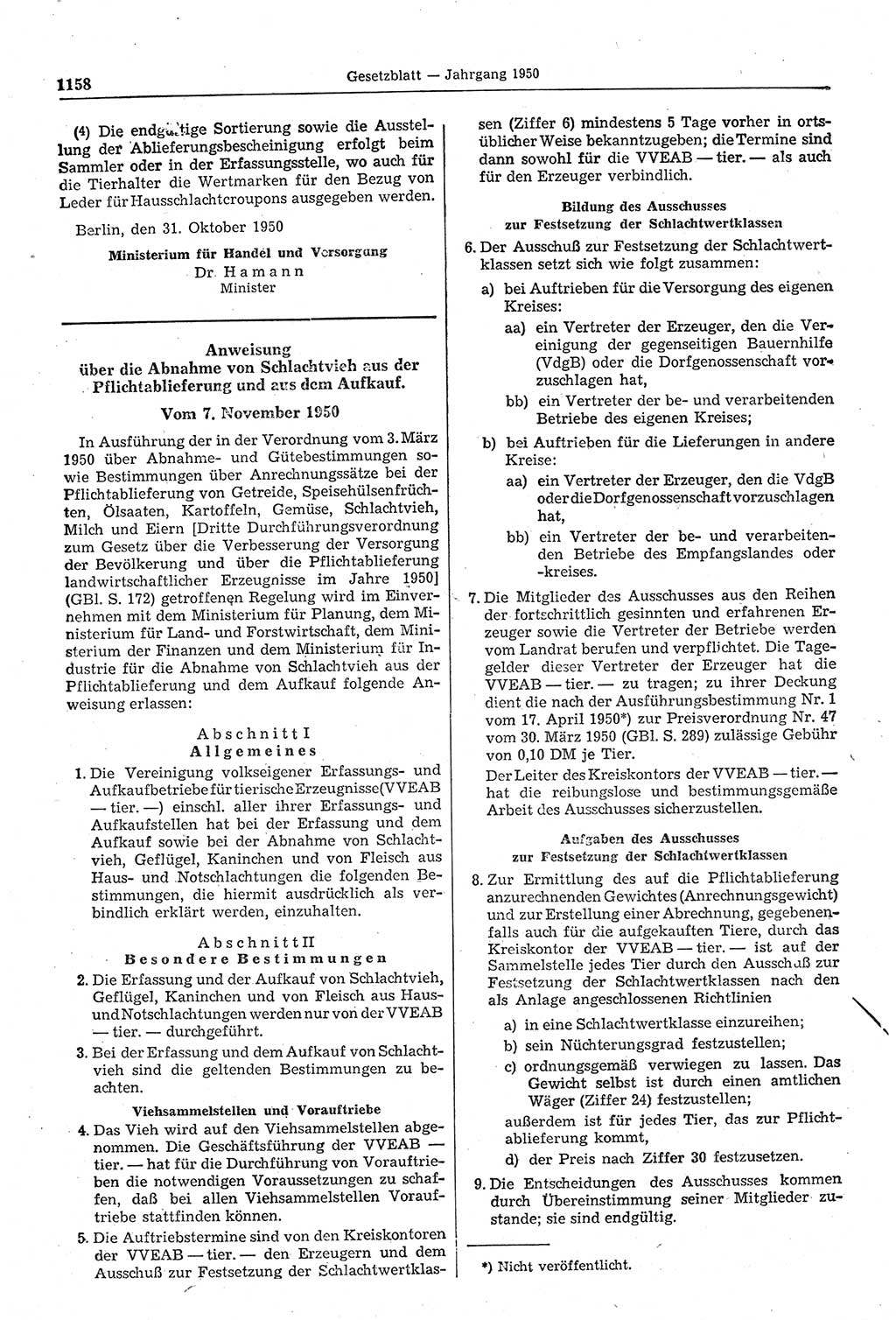Gesetzblatt (GBl.) der Deutschen Demokratischen Republik (DDR) 1950, Seite 1158 (GBl. DDR 1950, S. 1158)