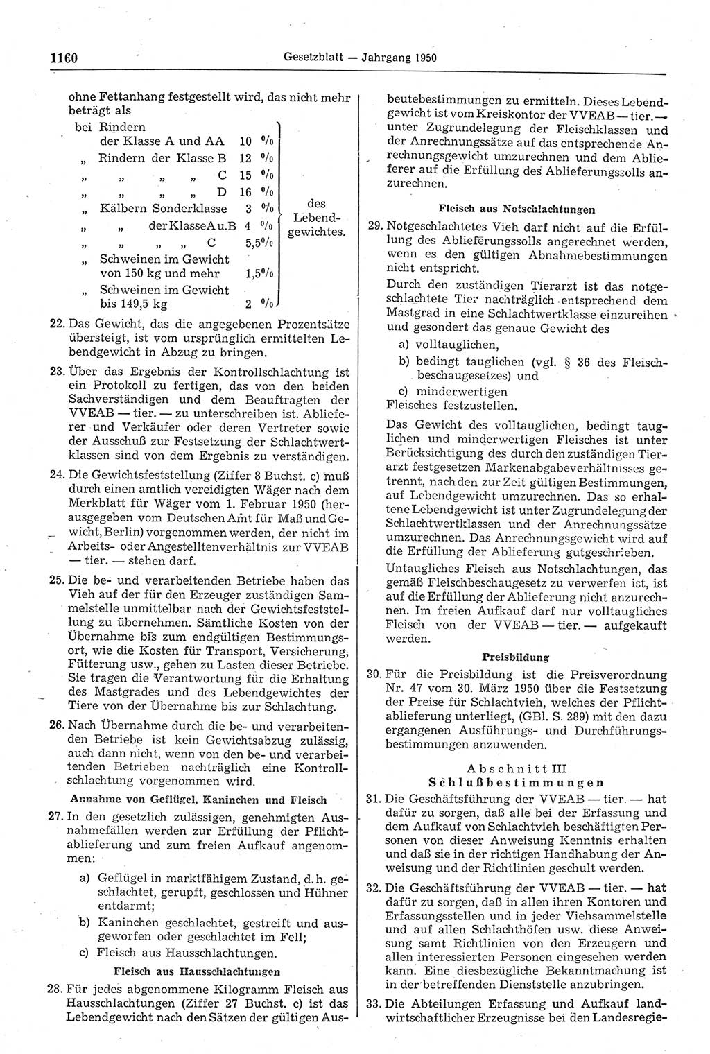 Gesetzblatt (GBl.) der Deutschen Demokratischen Republik (DDR) 1950, Seite 1160 (GBl. DDR 1950, S. 1160)