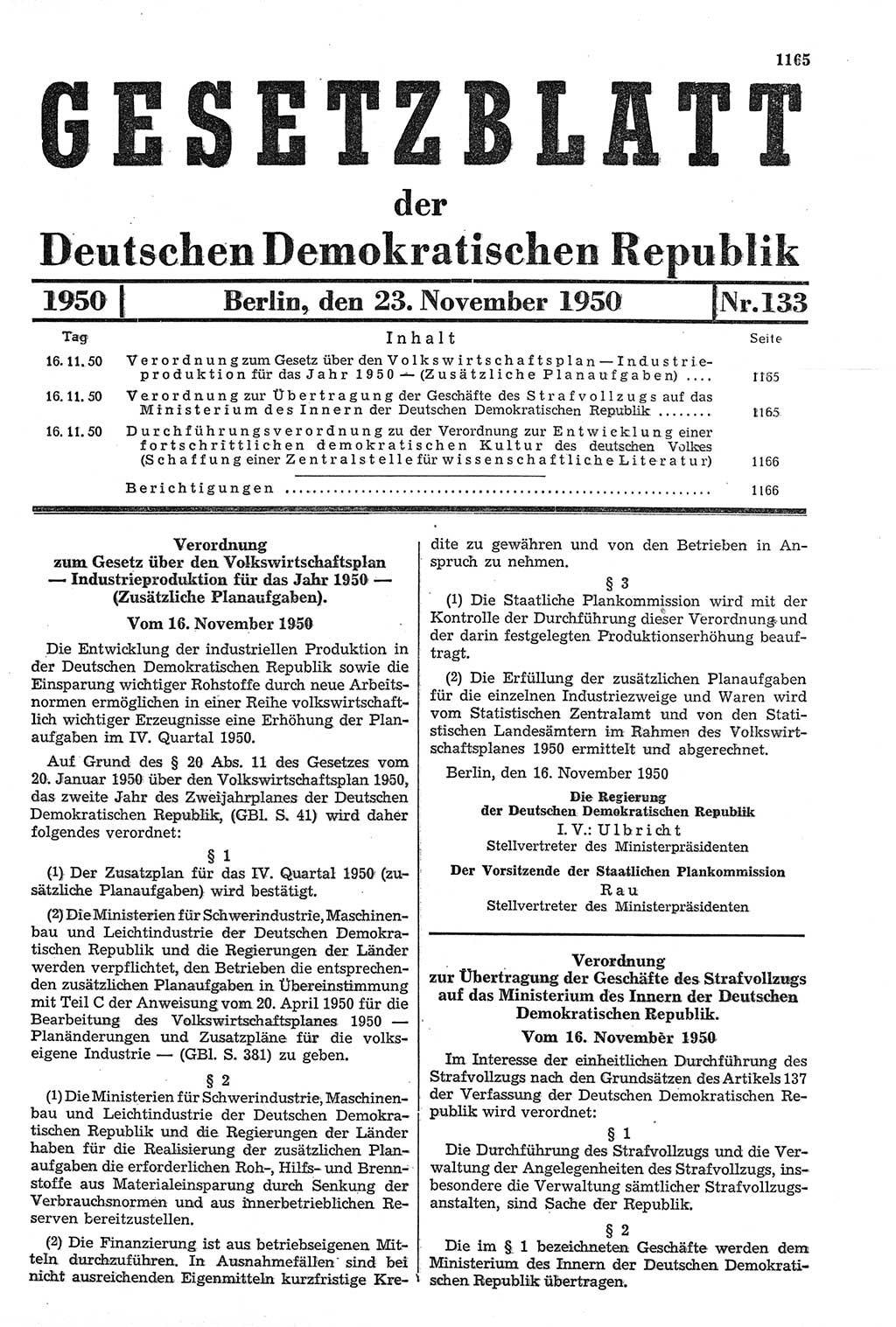 Gesetzblatt (GBl.) der Deutschen Demokratischen Republik (DDR) 1950, Seite 1165 (GBl. DDR 1950, S. 1165)