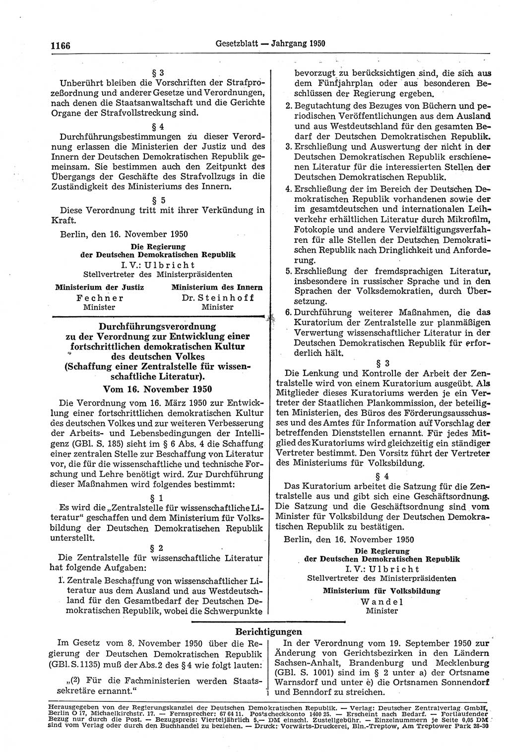 Gesetzblatt (GBl.) der Deutschen Demokratischen Republik (DDR) 1950, Seite 1166 (GBl. DDR 1950, S. 1166)