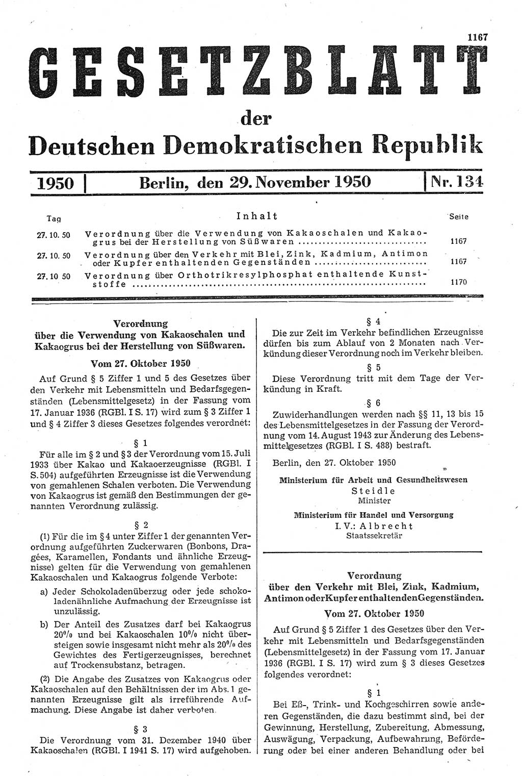 Gesetzblatt (GBl.) der Deutschen Demokratischen Republik (DDR) 1950, Seite 1167 (GBl. DDR 1950, S. 1167)
