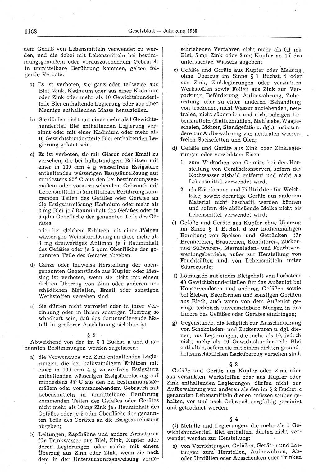Gesetzblatt (GBl.) der Deutschen Demokratischen Republik (DDR) 1950, Seite 1168 (GBl. DDR 1950, S. 1168)