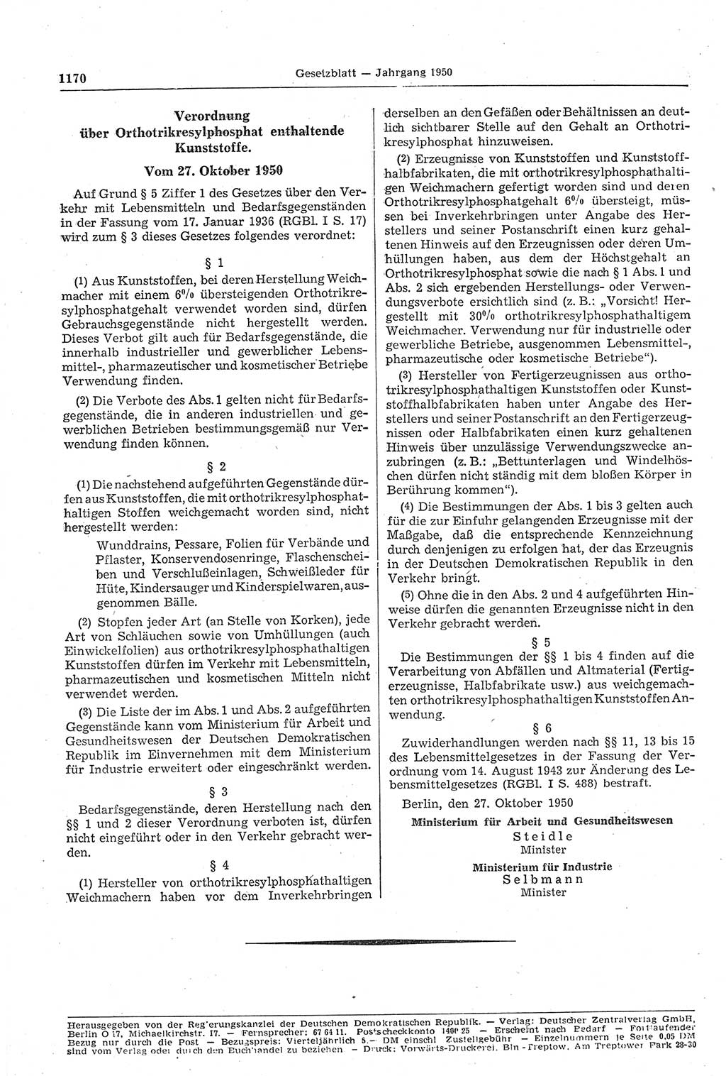 Gesetzblatt (GBl.) der Deutschen Demokratischen Republik (DDR) 1950, Seite 1170 (GBl. DDR 1950, S. 1170)