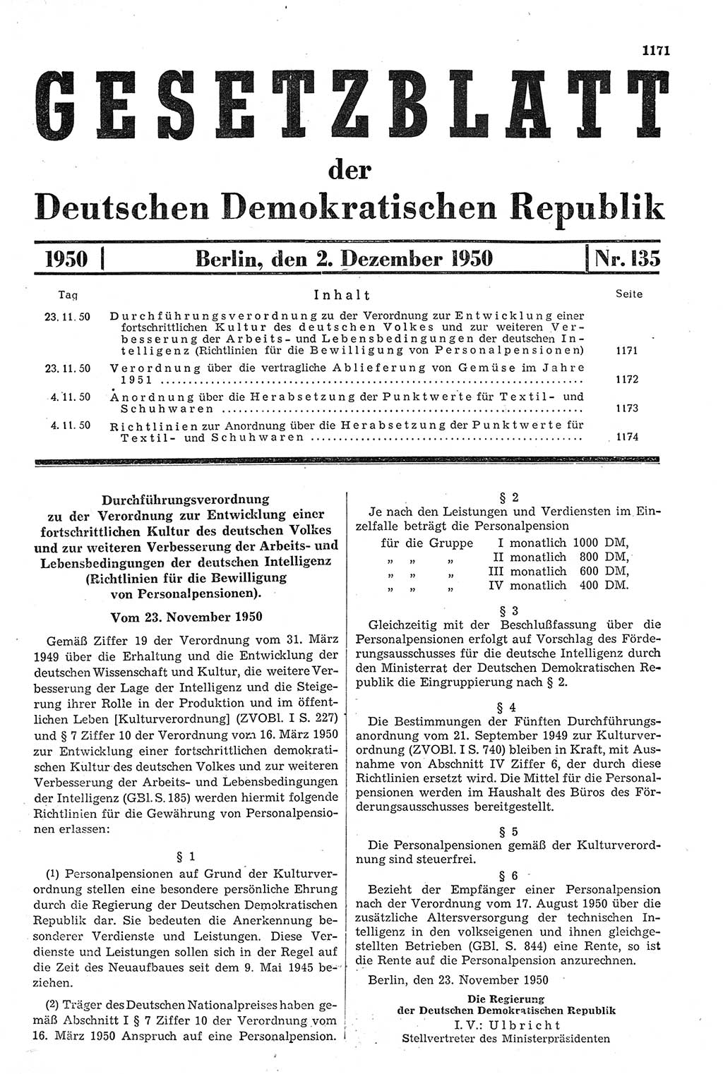 Gesetzblatt (GBl.) der Deutschen Demokratischen Republik (DDR) 1950, Seite 1171 (GBl. DDR 1950, S. 1171)