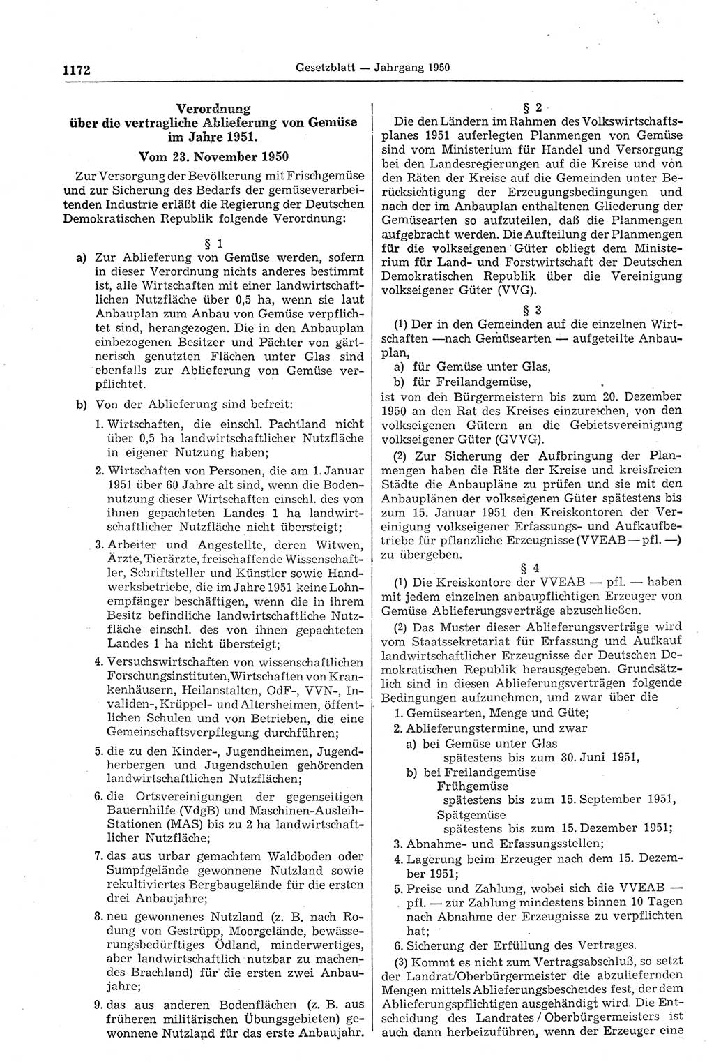 Gesetzblatt (GBl.) der Deutschen Demokratischen Republik (DDR) 1950, Seite 1172 (GBl. DDR 1950, S. 1172)