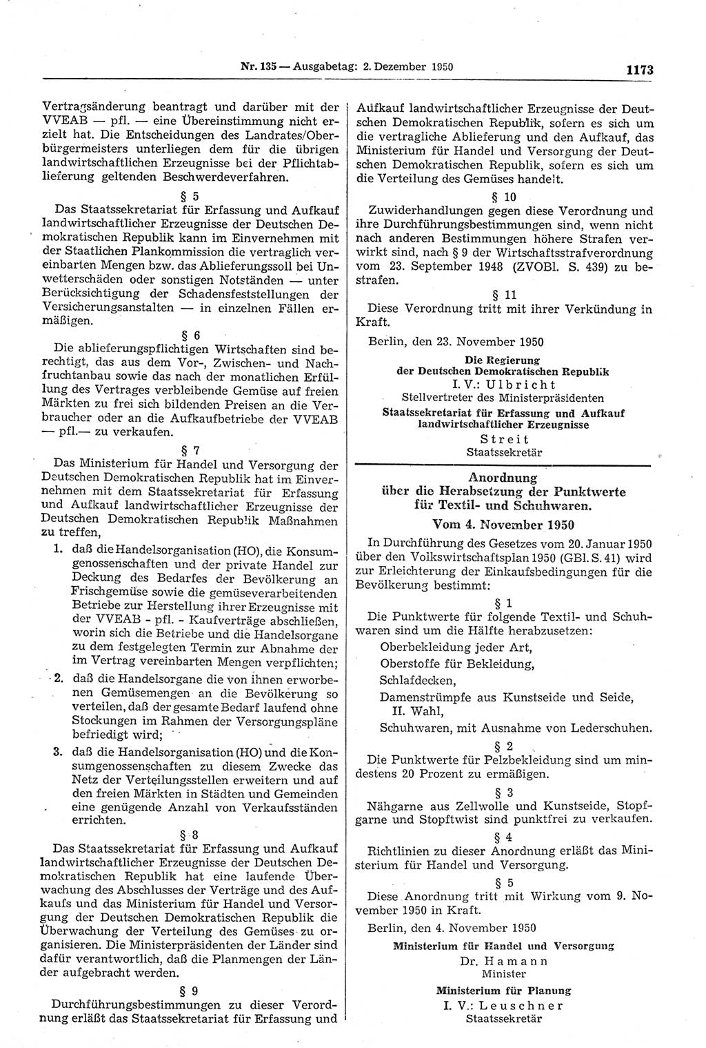 Gesetzblatt (GBl.) der Deutschen Demokratischen Republik (DDR) 1950, Seite 1173 (GBl. DDR 1950, S. 1173)