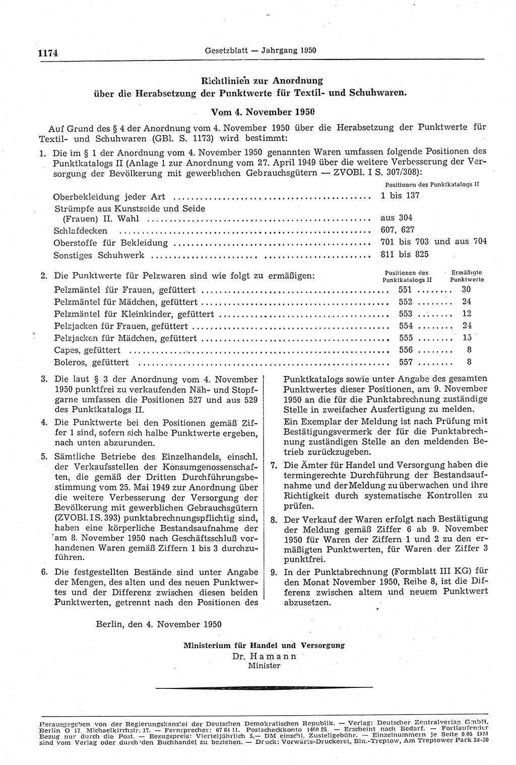 Gesetzblatt (GBl.) der Deutschen Demokratischen Republik (DDR) 1950, Seite 1174 (GBl. DDR 1950, S. 1174)
