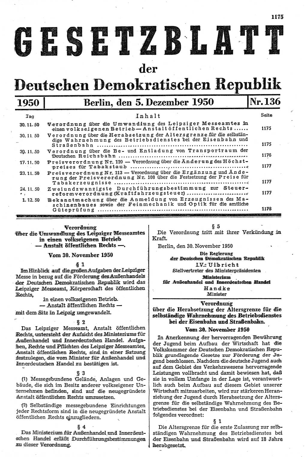 Gesetzblatt (GBl.) der Deutschen Demokratischen Republik (DDR) 1950, Seite 1175 (GBl. DDR 1950, S. 1175)
