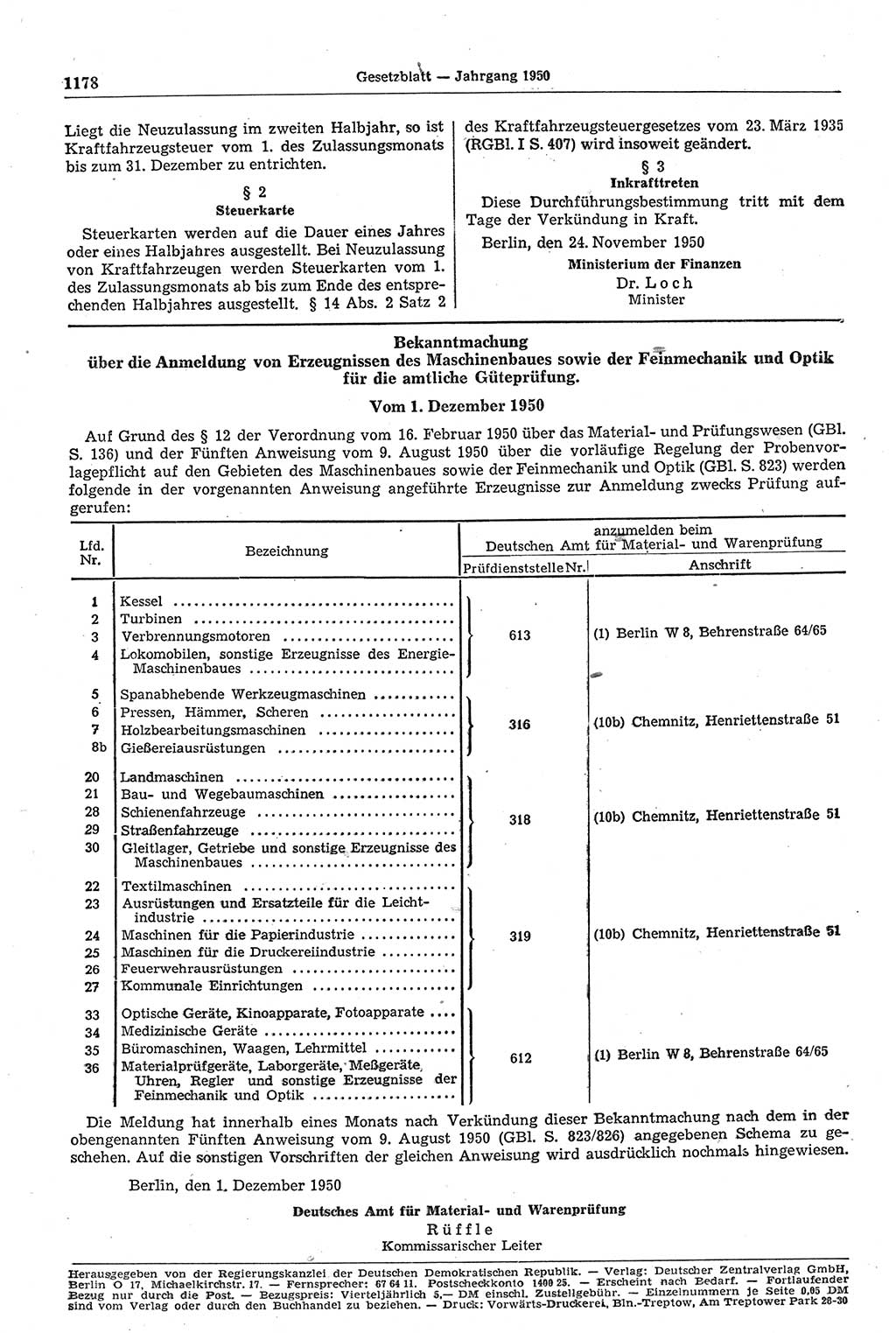 Gesetzblatt (GBl.) der Deutschen Demokratischen Republik (DDR) 1950, Seite 1178 (GBl. DDR 1950, S. 1178)