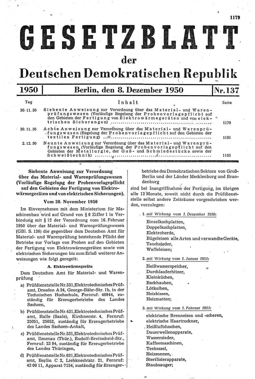 Gesetzblatt (GBl.) der Deutschen Demokratischen Republik (DDR) 1950, Seite 1179 (GBl. DDR 1950, S. 1179)