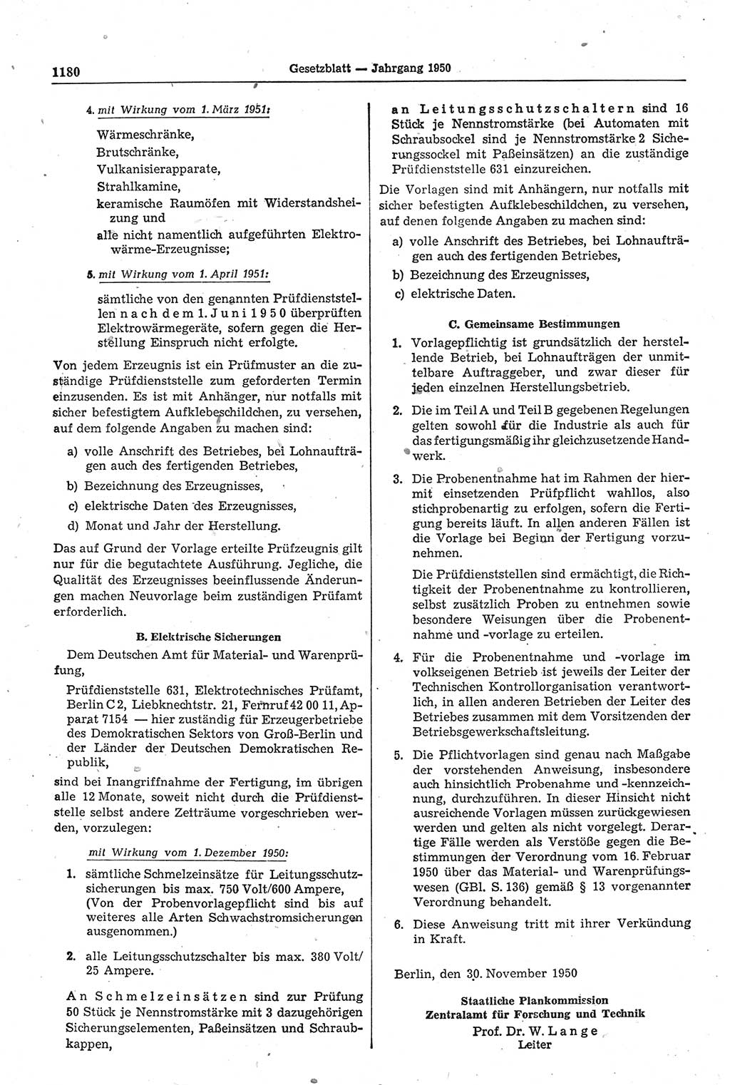 Gesetzblatt (GBl.) der Deutschen Demokratischen Republik (DDR) 1950, Seite 1180 (GBl. DDR 1950, S. 1180)