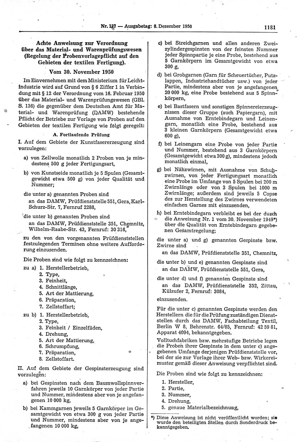 Gesetzblatt (GBl.) der Deutschen Demokratischen Republik (DDR) 1950, Seite 1181 (GBl. DDR 1950, S. 1181)