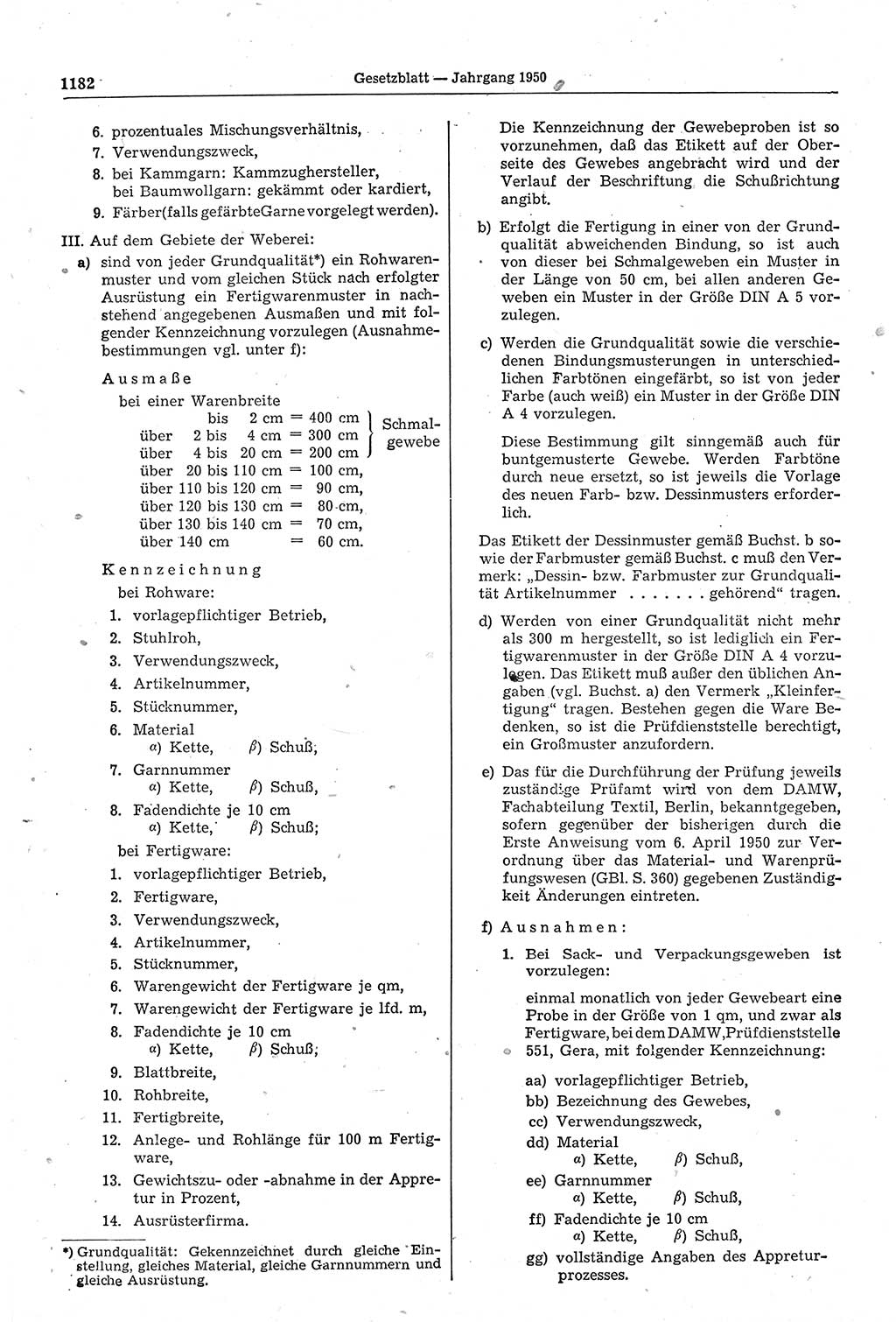 Gesetzblatt (GBl.) der Deutschen Demokratischen Republik (DDR) 1950, Seite 1182 (GBl. DDR 1950, S. 1182)
