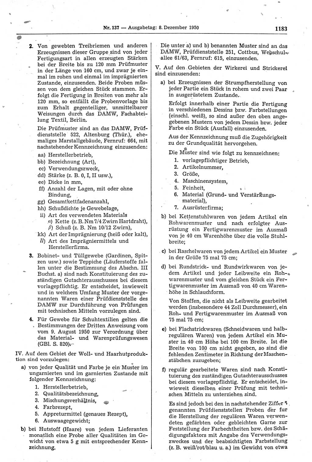 Gesetzblatt (GBl.) der Deutschen Demokratischen Republik (DDR) 1950, Seite 1183 (GBl. DDR 1950, S. 1183)