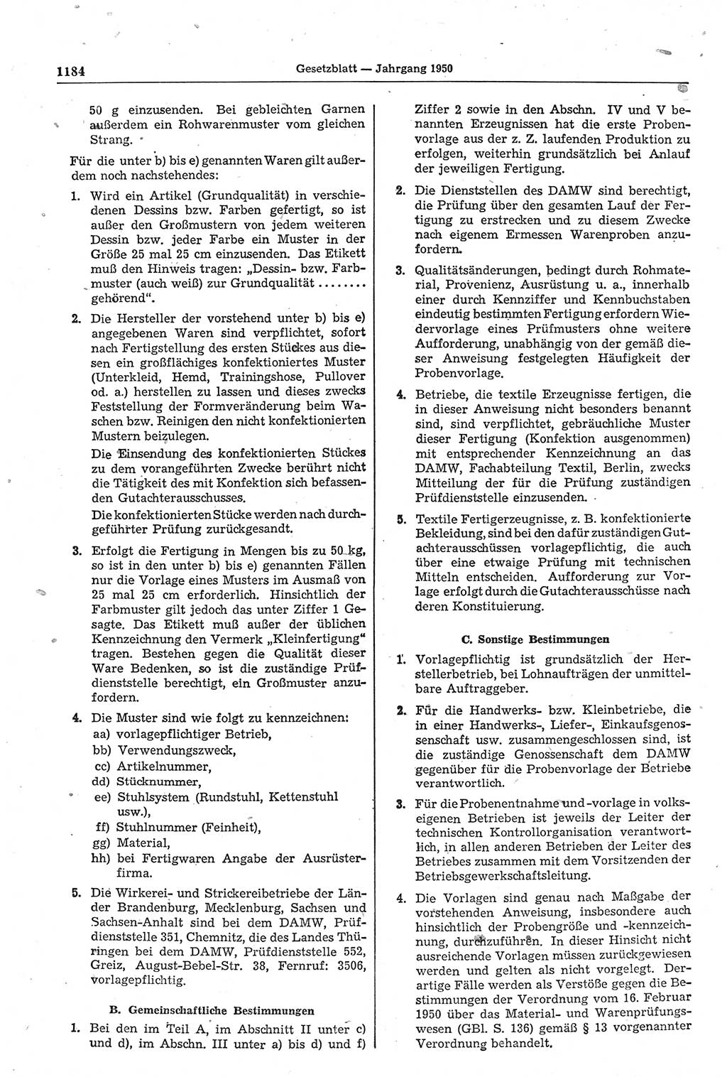 Gesetzblatt (GBl.) der Deutschen Demokratischen Republik (DDR) 1950, Seite 1184 (GBl. DDR 1950, S. 1184)