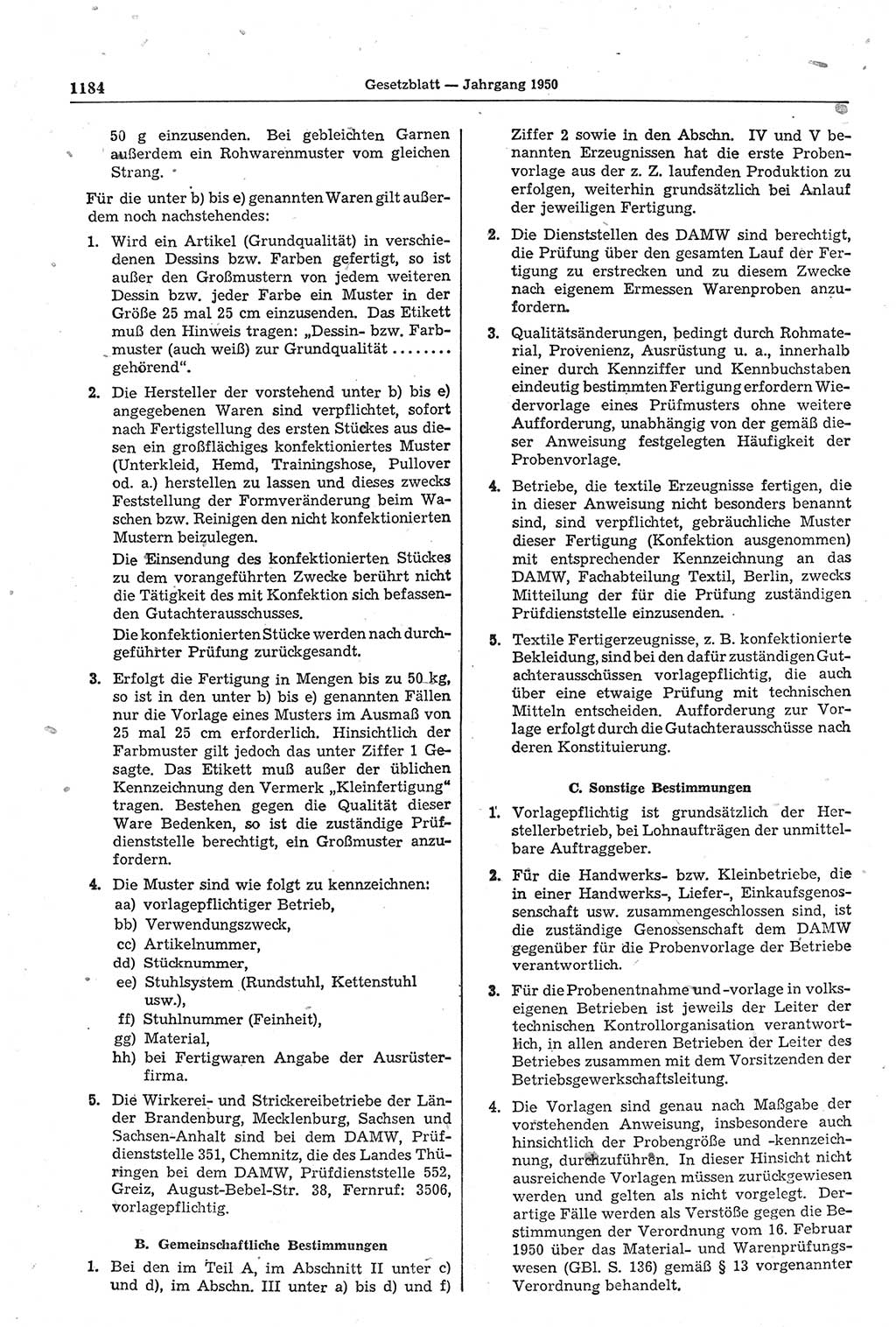 Gesetzblatt (GBl.) der Deutschen Demokratischen Republik (DDR) 1950, Seite 1184 (GBl. DDR 1950, S. 1184)