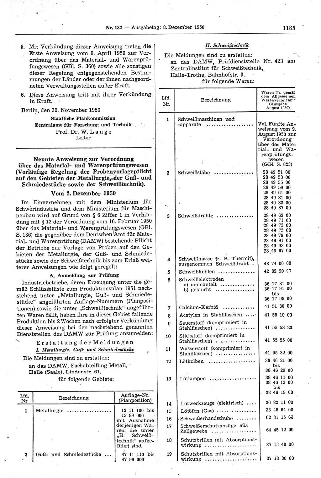 Gesetzblatt (GBl.) der Deutschen Demokratischen Republik (DDR) 1950, Seite 1185 (GBl. DDR 1950, S. 1185)