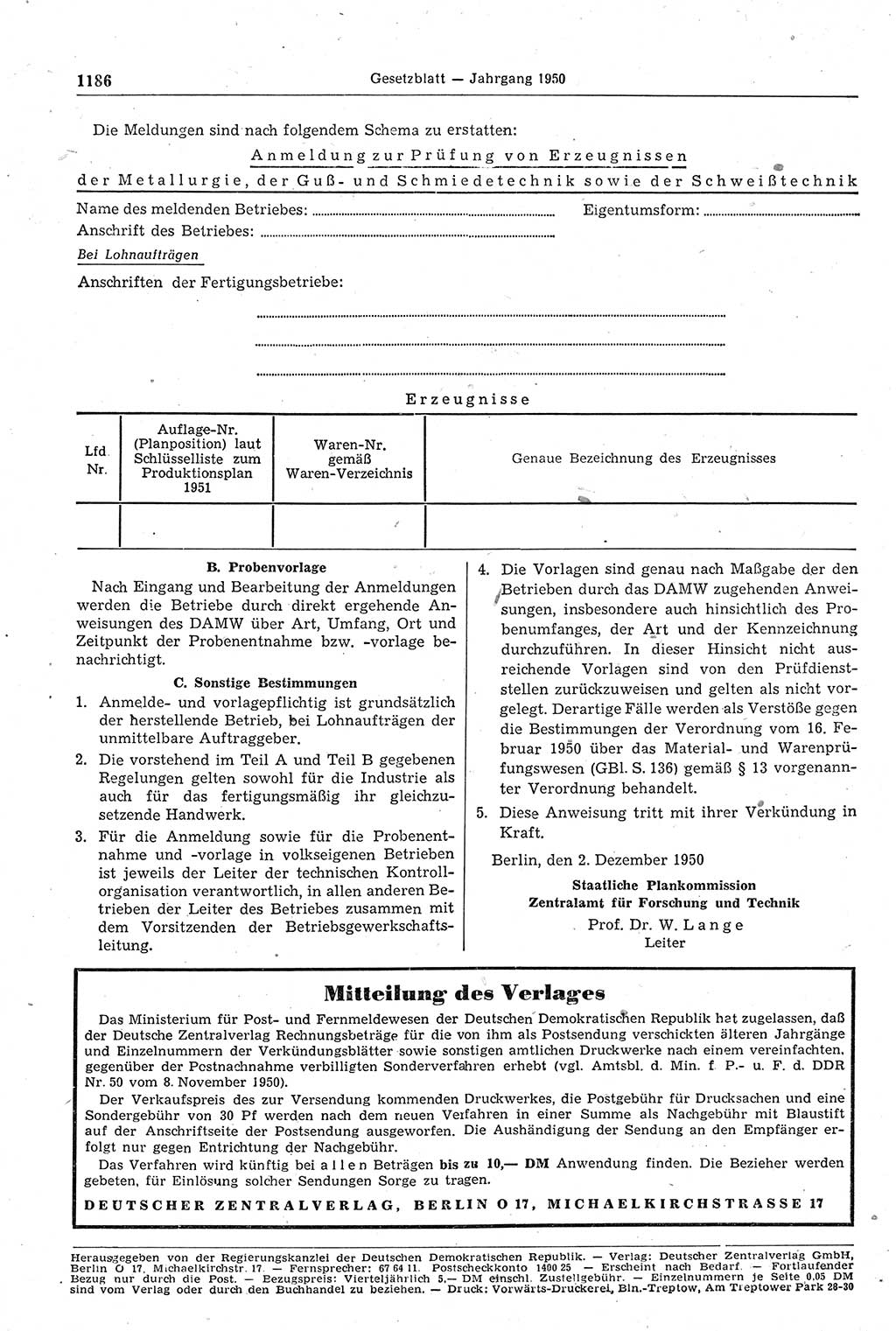 Gesetzblatt (GBl.) der Deutschen Demokratischen Republik (DDR) 1950, Seite 1186 (GBl. DDR 1950, S. 1186)