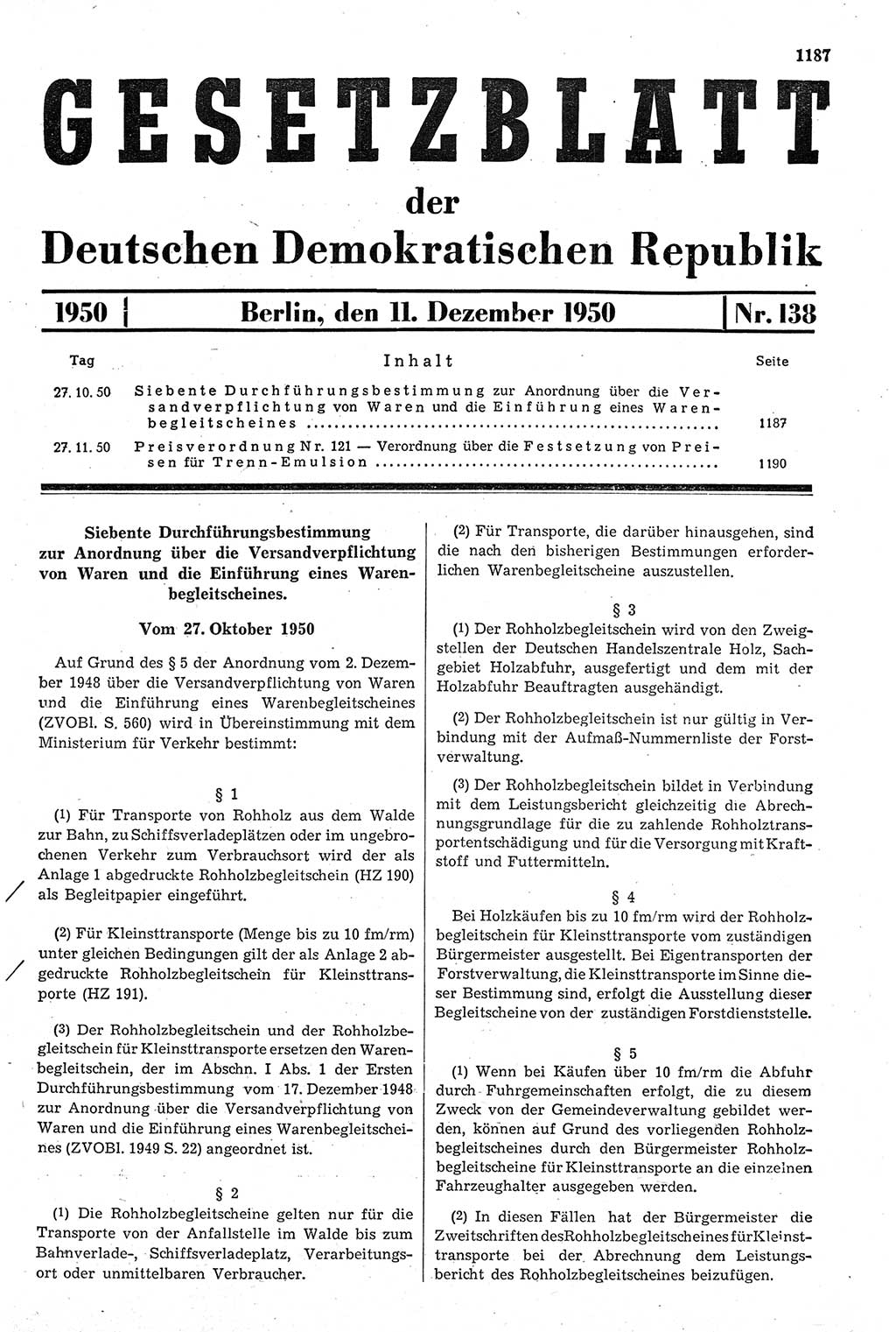 Gesetzblatt (GBl.) der Deutschen Demokratischen Republik (DDR) 1950, Seite 1187 (GBl. DDR 1950, S. 1187)