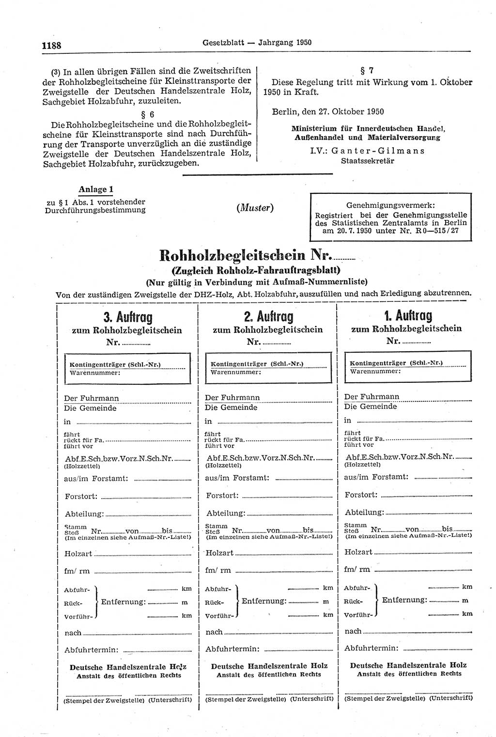 Gesetzblatt (GBl.) der Deutschen Demokratischen Republik (DDR) 1950, Seite 1188 (GBl. DDR 1950, S. 1188)