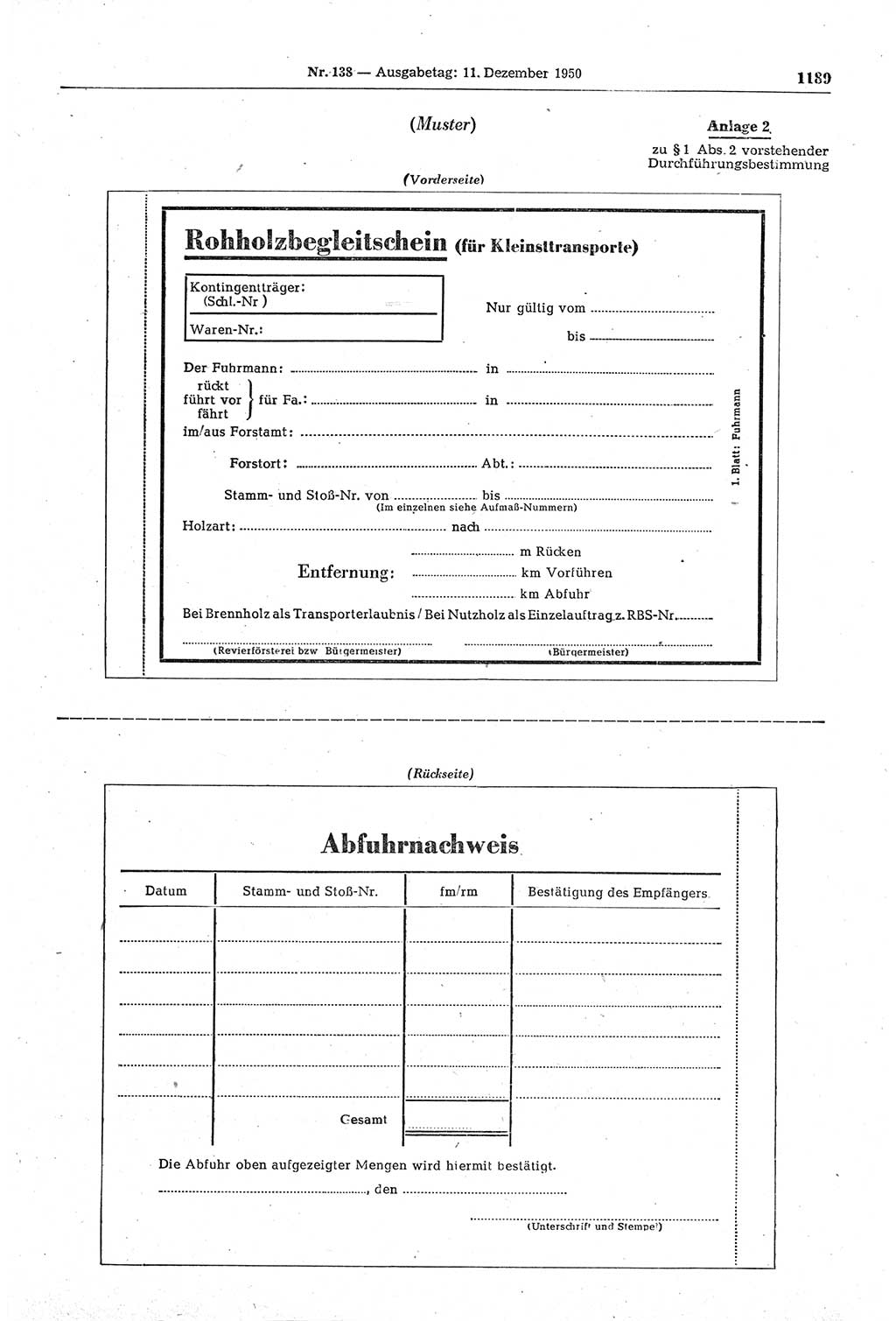 Gesetzblatt (GBl.) der Deutschen Demokratischen Republik (DDR) 1950, Seite 1189 (GBl. DDR 1950, S. 1189)