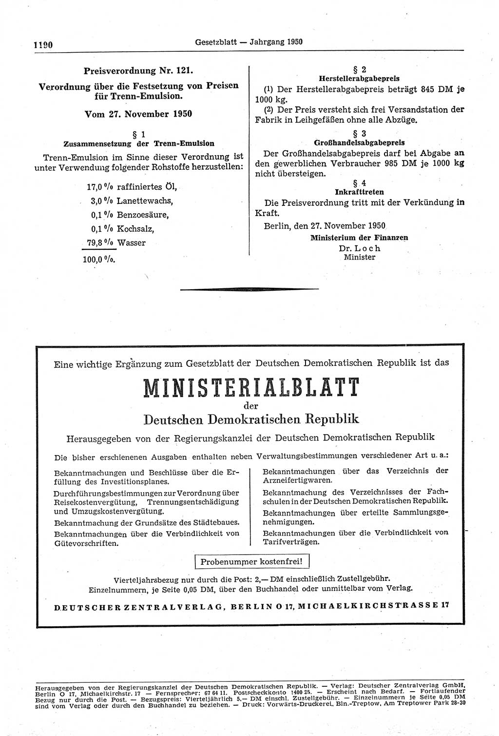 Gesetzblatt (GBl.) der Deutschen Demokratischen Republik (DDR) 1950, Seite 1190 (GBl. DDR 1950, S. 1190)