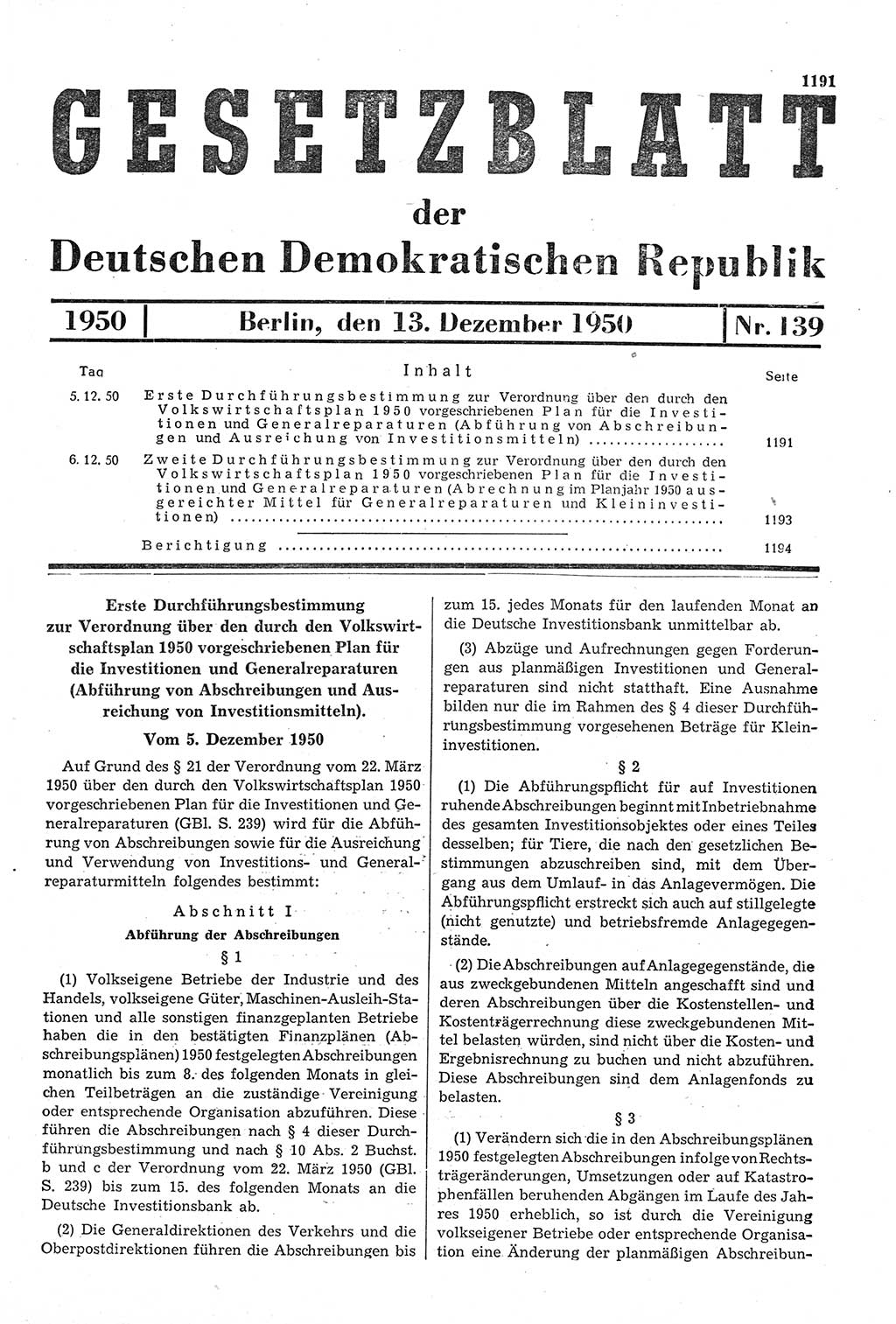 Gesetzblatt (GBl.) der Deutschen Demokratischen Republik (DDR) 1950, Seite 1191 (GBl. DDR 1950, S. 1191)