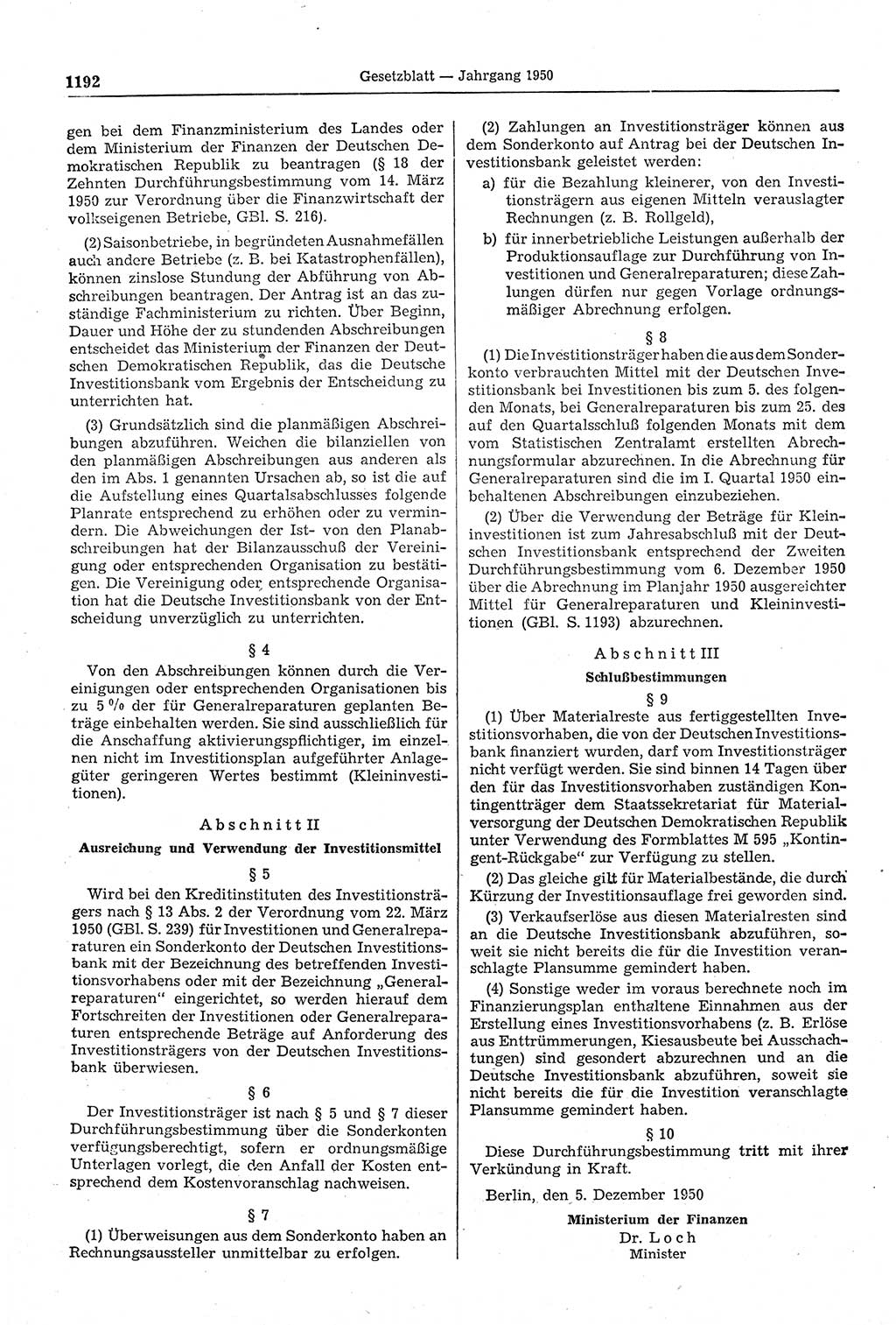 Gesetzblatt (GBl.) der Deutschen Demokratischen Republik (DDR) 1950, Seite 1192 (GBl. DDR 1950, S. 1192)