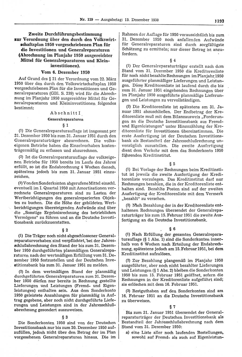 Gesetzblatt (GBl.) der Deutschen Demokratischen Republik (DDR) 1950, Seite 1193 (GBl. DDR 1950, S. 1193)