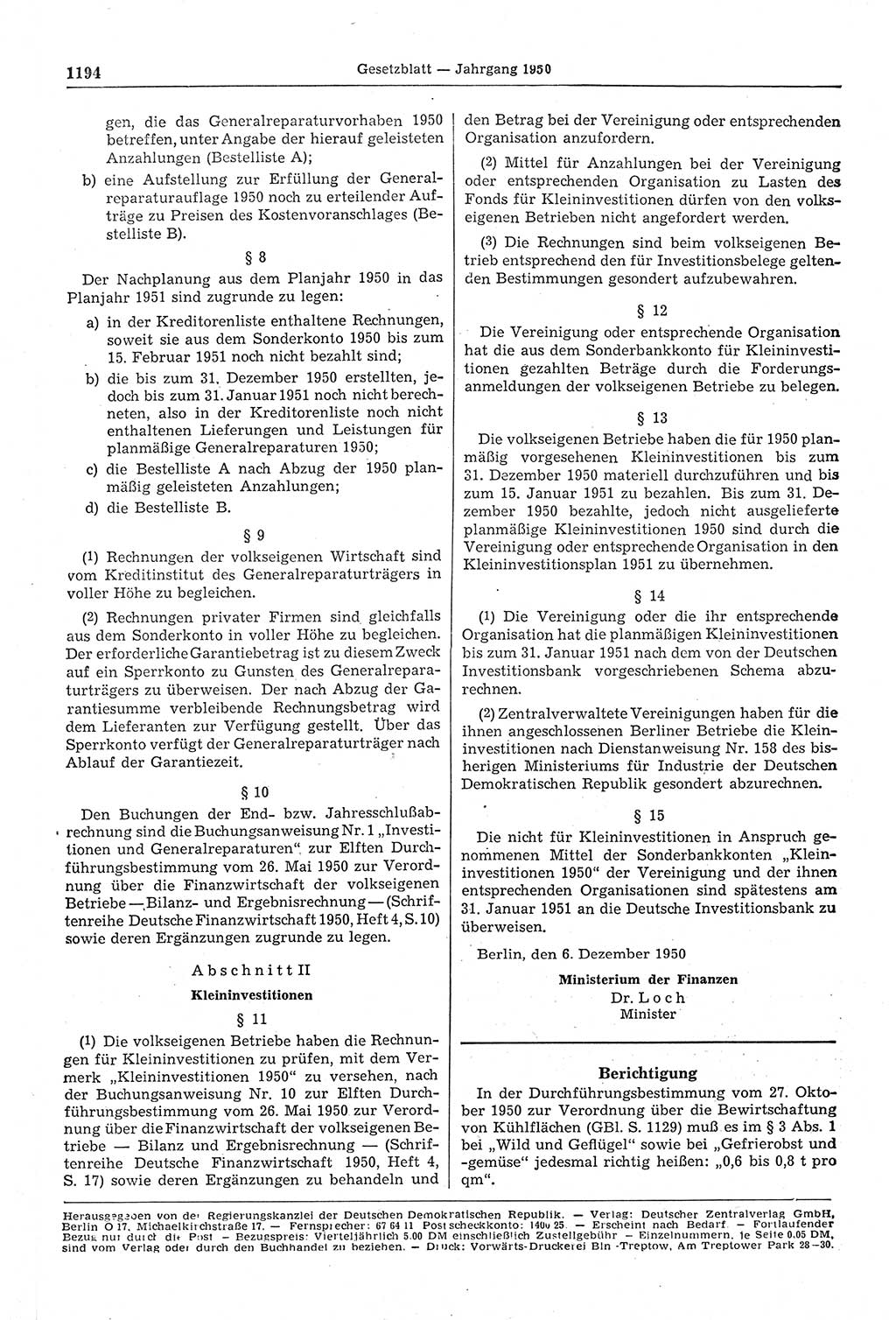 Gesetzblatt (GBl.) der Deutschen Demokratischen Republik (DDR) 1950, Seite 1194 (GBl. DDR 1950, S. 1194)