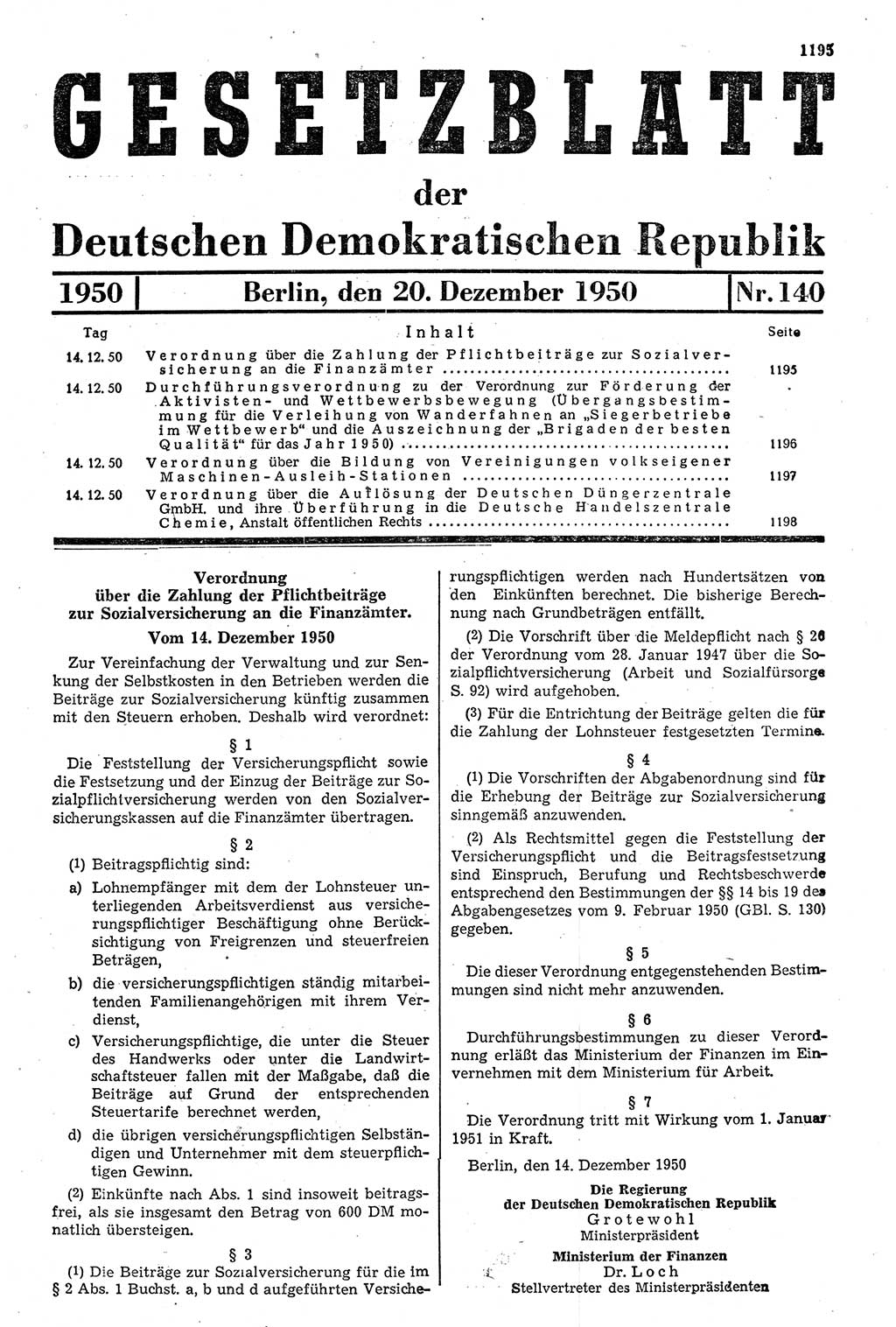 Gesetzblatt (GBl.) der Deutschen Demokratischen Republik (DDR) 1950, Seite 1195 (GBl. DDR 1950, S. 1195)