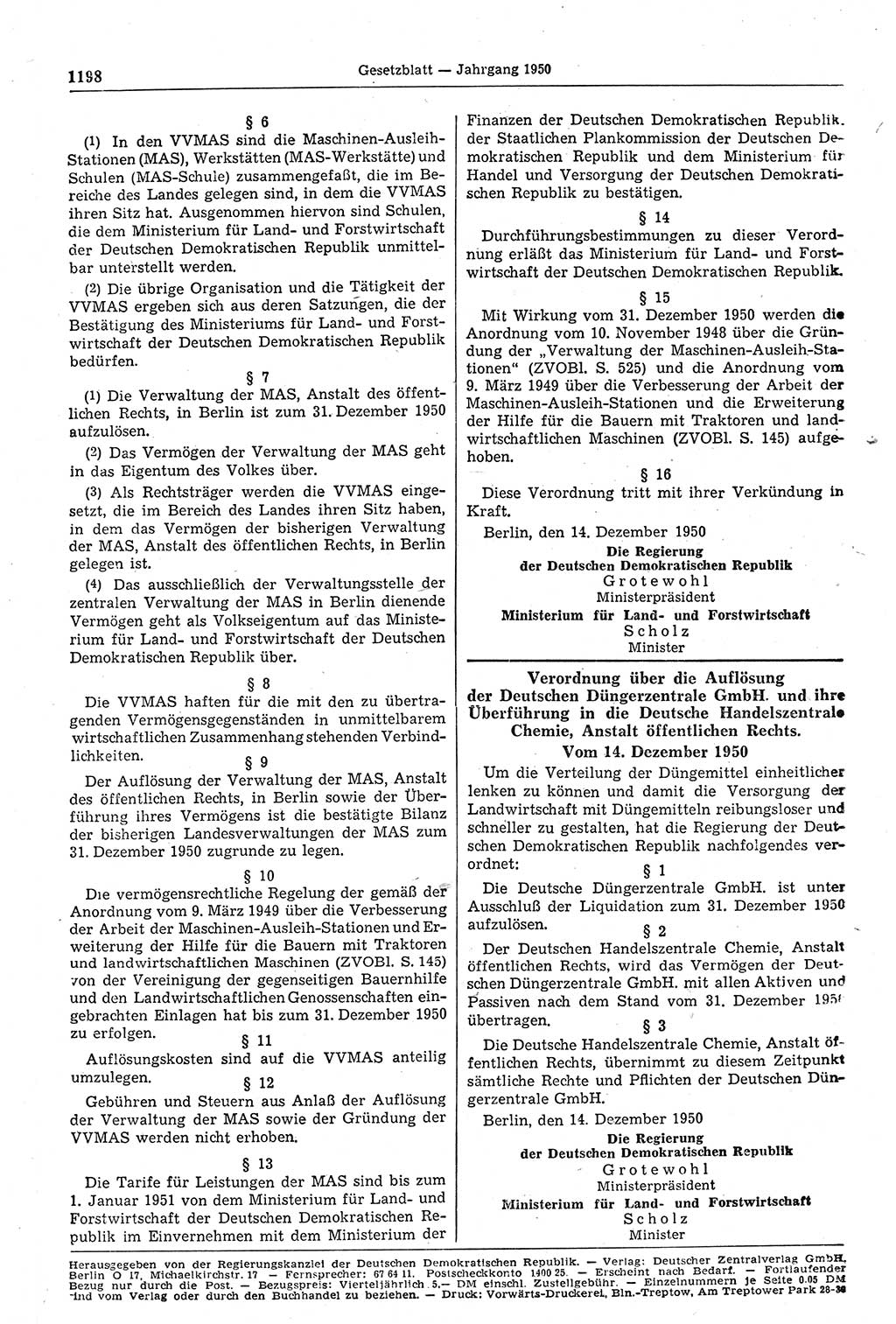 Gesetzblatt (GBl.) der Deutschen Demokratischen Republik (DDR) 1950, Seite 1198 (GBl. DDR 1950, S. 1198)