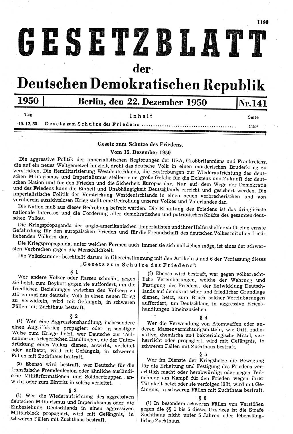 Gesetzblatt (GBl.) der Deutschen Demokratischen Republik (DDR) 1950, Seite 1199 (GBl. DDR 1950, S. 1199)