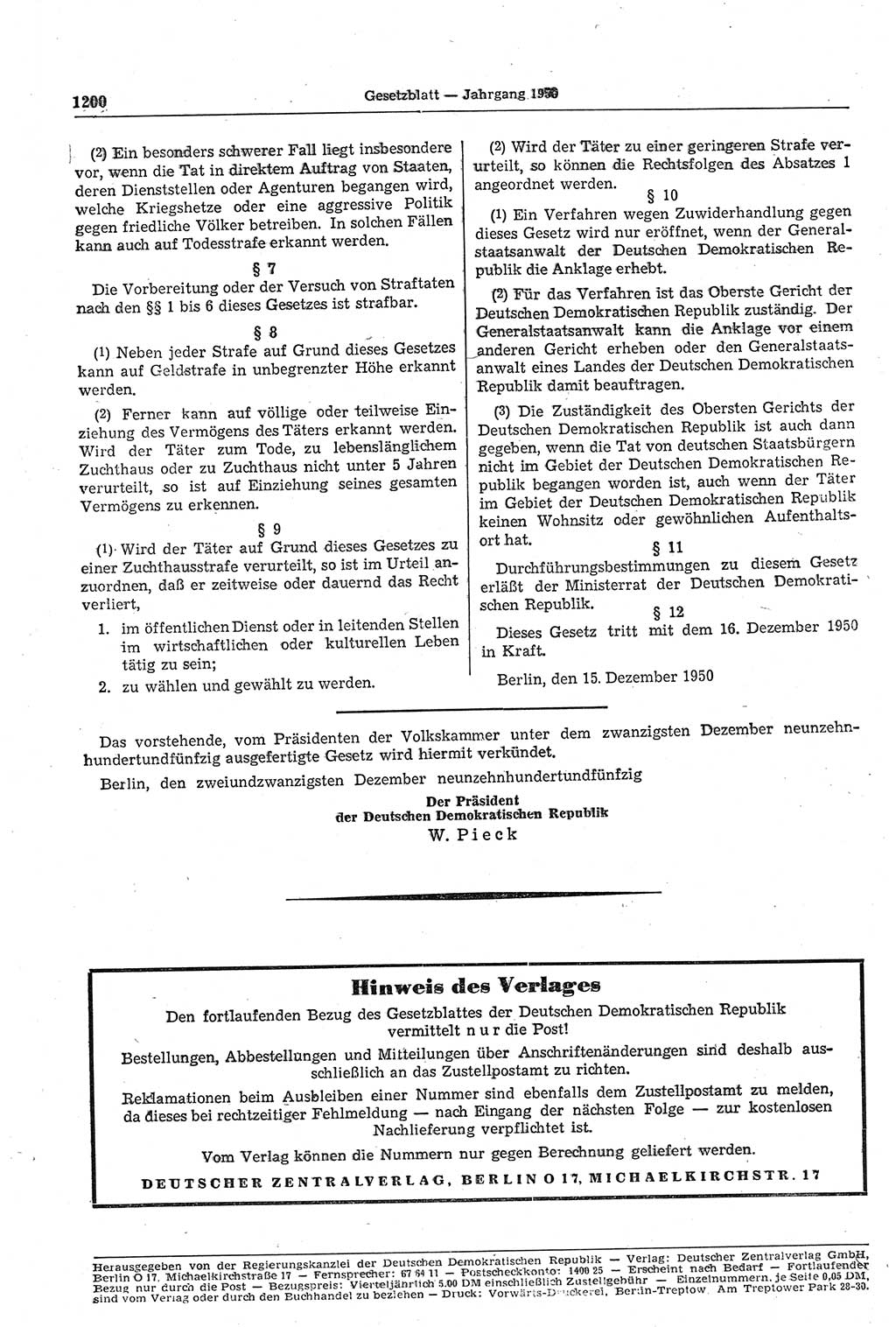 Gesetzblatt (GBl.) der Deutschen Demokratischen Republik (DDR) 1950, Seite 1200 (GBl. DDR 1950, S. 1200)
