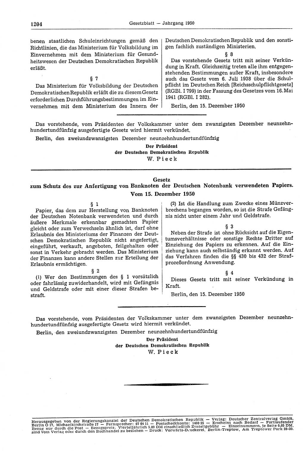 Gesetzblatt (GBl.) der Deutschen Demokratischen Republik (DDR) 1950, Seite 1204 (GBl. DDR 1950, S. 1204)