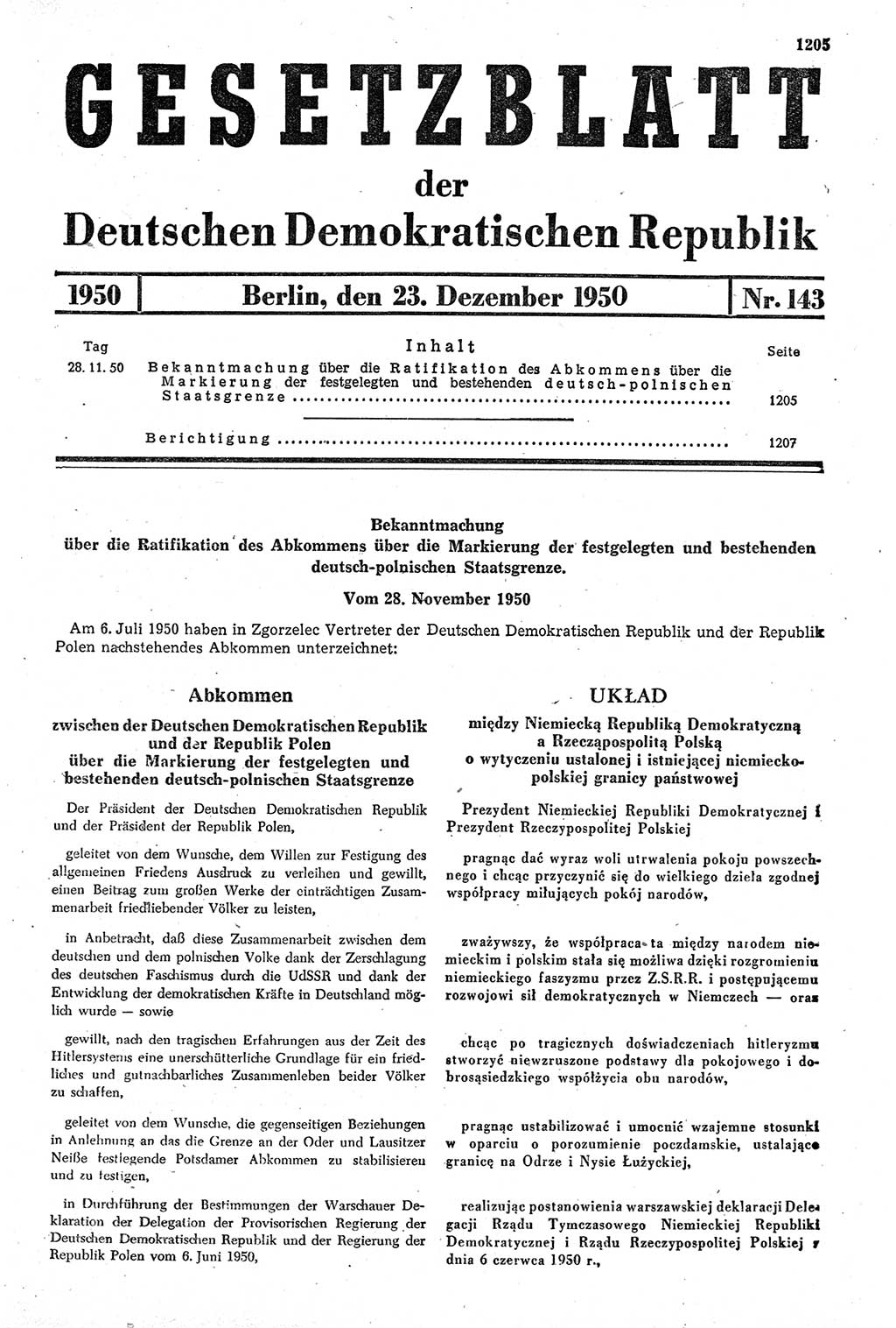 Gesetzblatt (GBl.) der Deutschen Demokratischen Republik (DDR) 1950, Seite 1205 (GBl. DDR 1950, S. 1205)