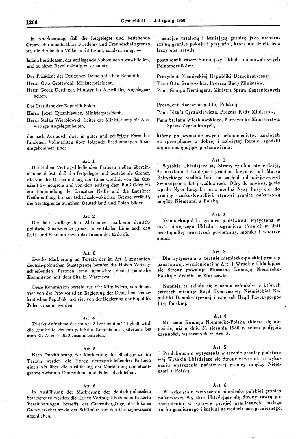 Gesetzblatt (GBl.) der Deutschen Demokratischen Republik (DDR) 1950, Seite 1206 (GBl. DDR 1950, S. 1206)