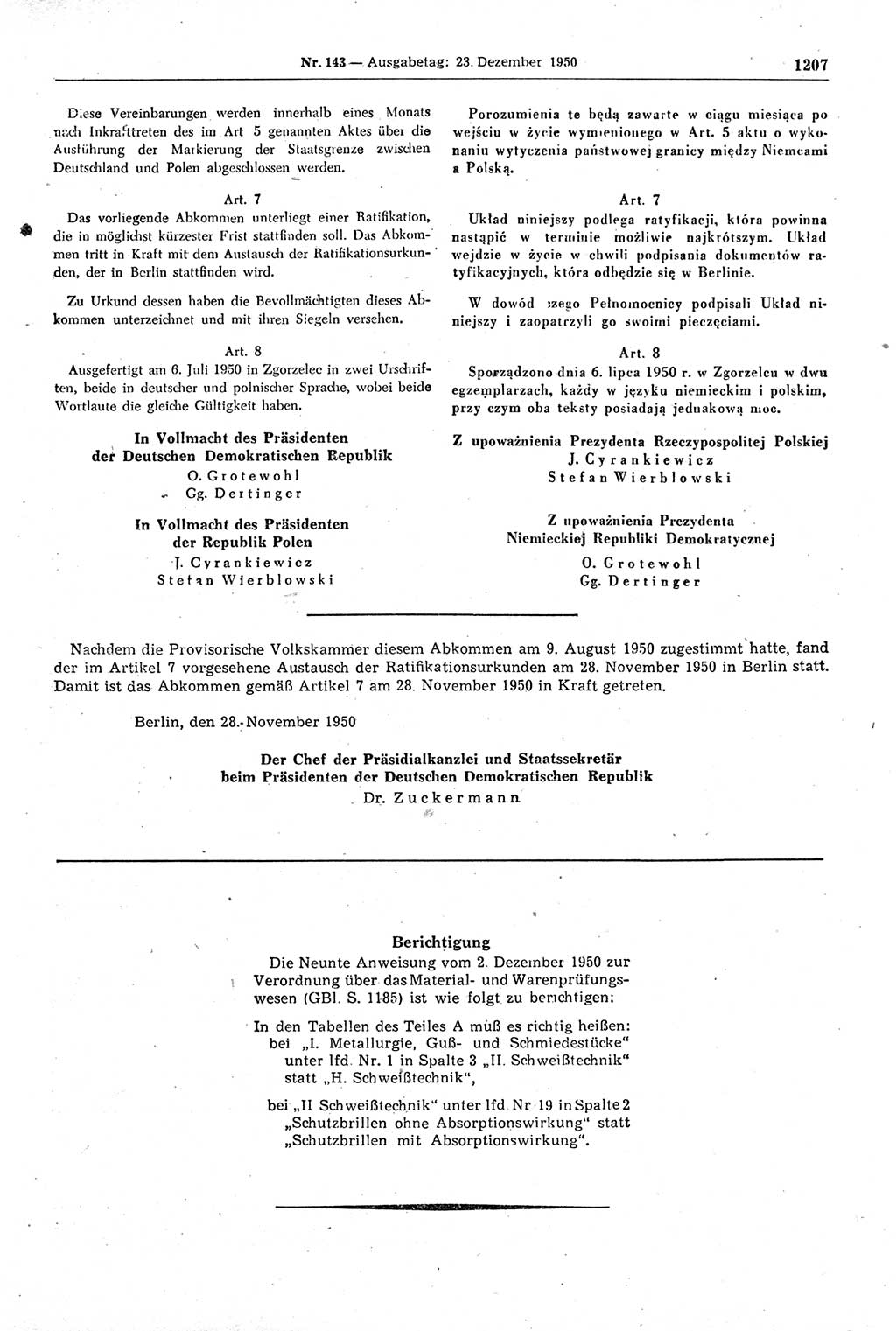 Gesetzblatt (GBl.) der Deutschen Demokratischen Republik (DDR) 1950, Seite 1207 (GBl. DDR 1950, S. 1207)