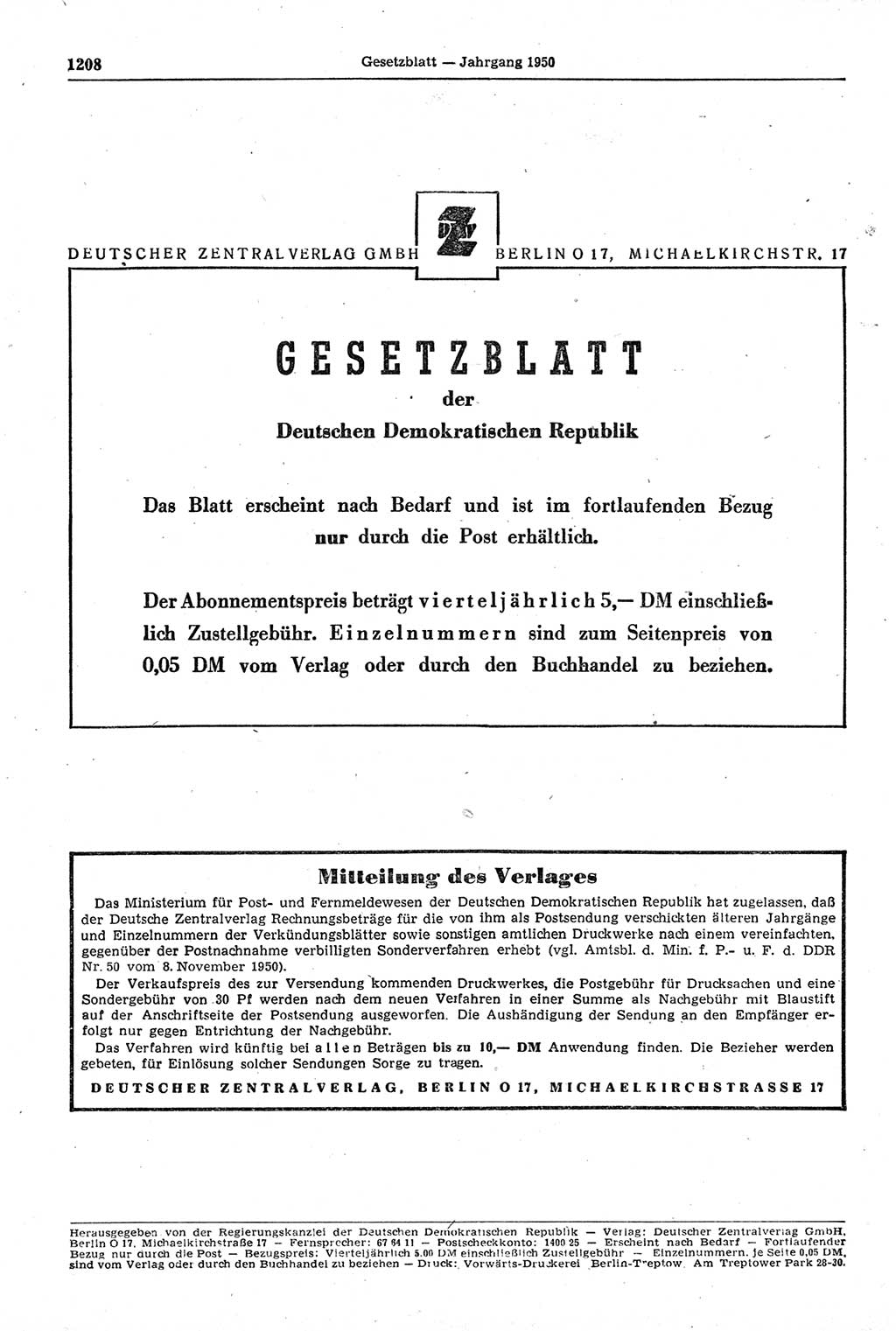 Gesetzblatt (GBl.) der Deutschen Demokratischen Republik (DDR) 1950, Seite 1208 (GBl. DDR 1950, S. 1208)