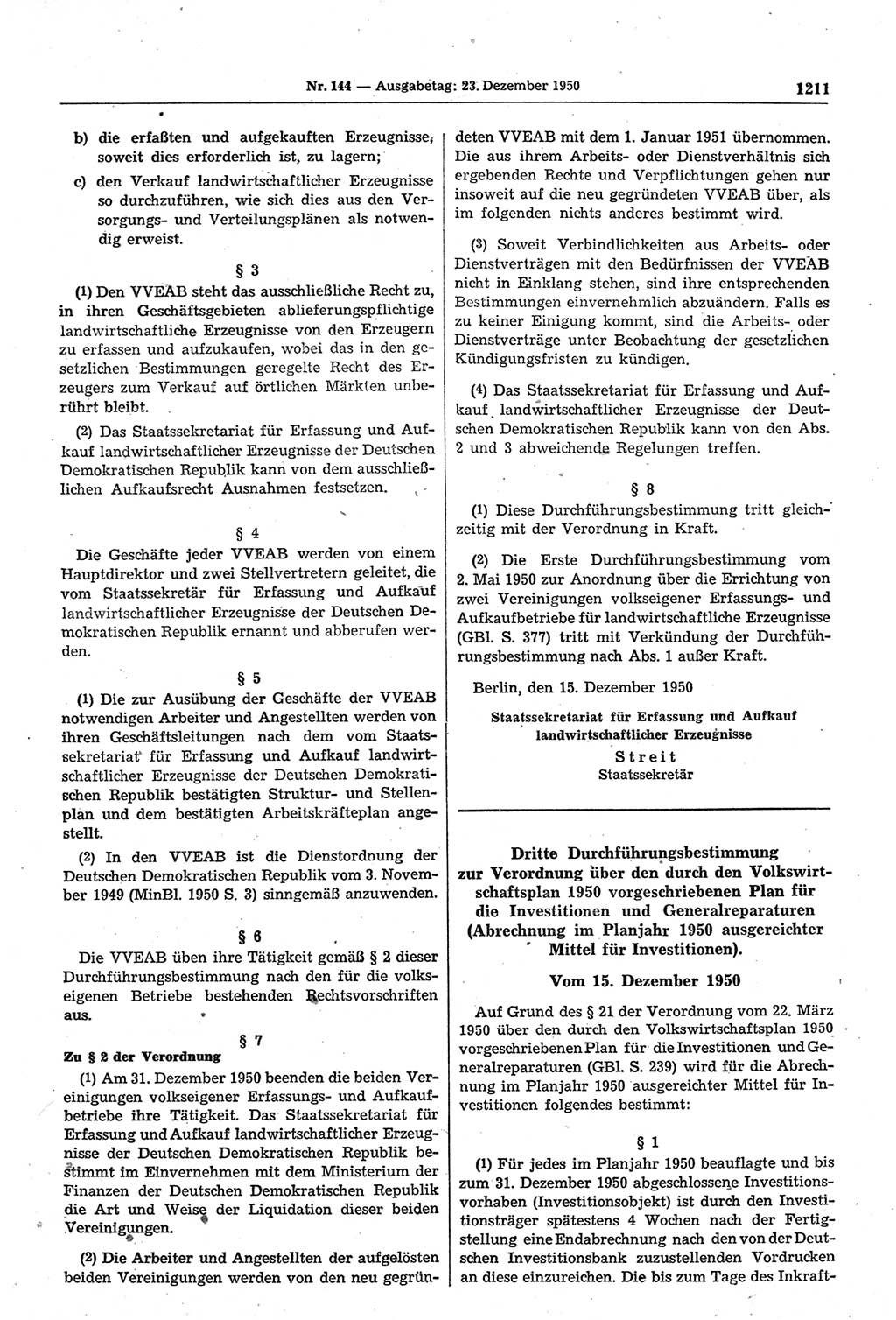 Gesetzblatt (GBl.) der Deutschen Demokratischen Republik (DDR) 1950, Seite 1211 (GBl. DDR 1950, S. 1211)
