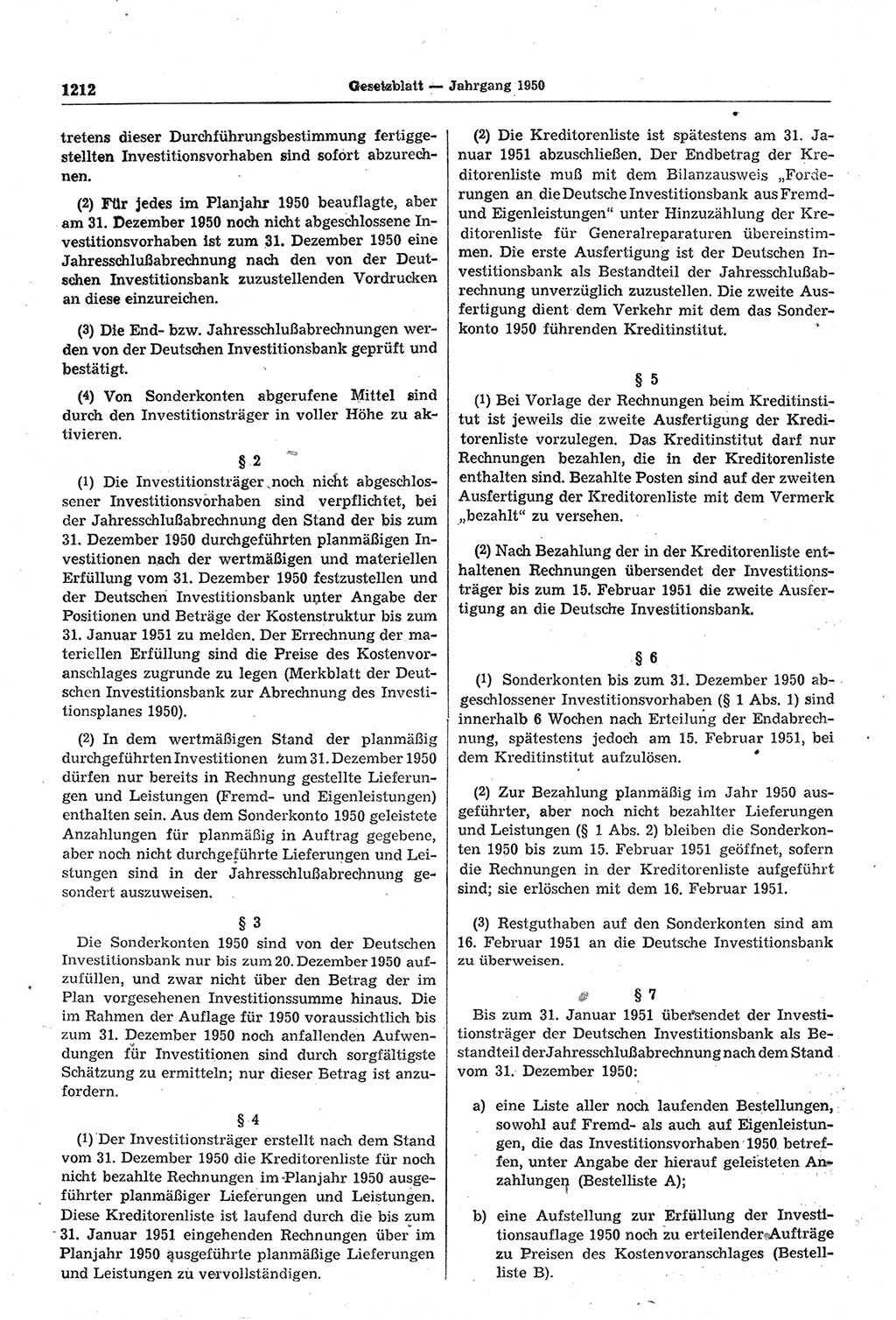 Gesetzblatt (GBl.) der Deutschen Demokratischen Republik (DDR) 1950, Seite 1212 (GBl. DDR 1950, S. 1212)