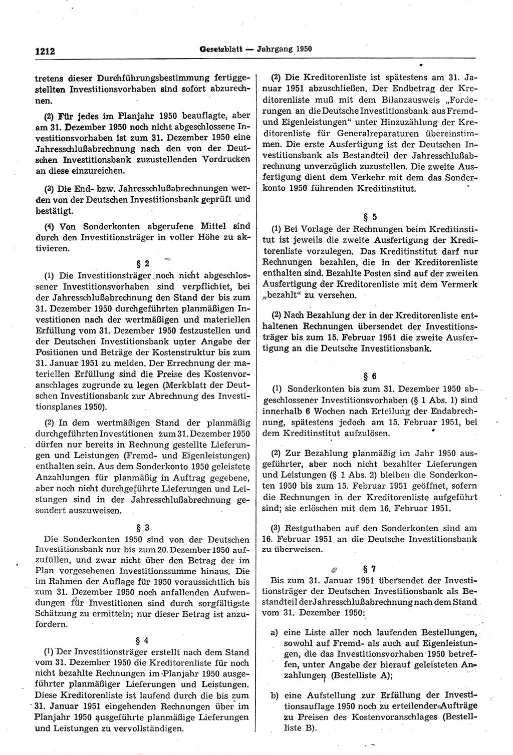 Gesetzblatt (GBl.) der Deutschen Demokratischen Republik (DDR) 1950, Seite 1212 (GBl. DDR 1950, S. 1212)