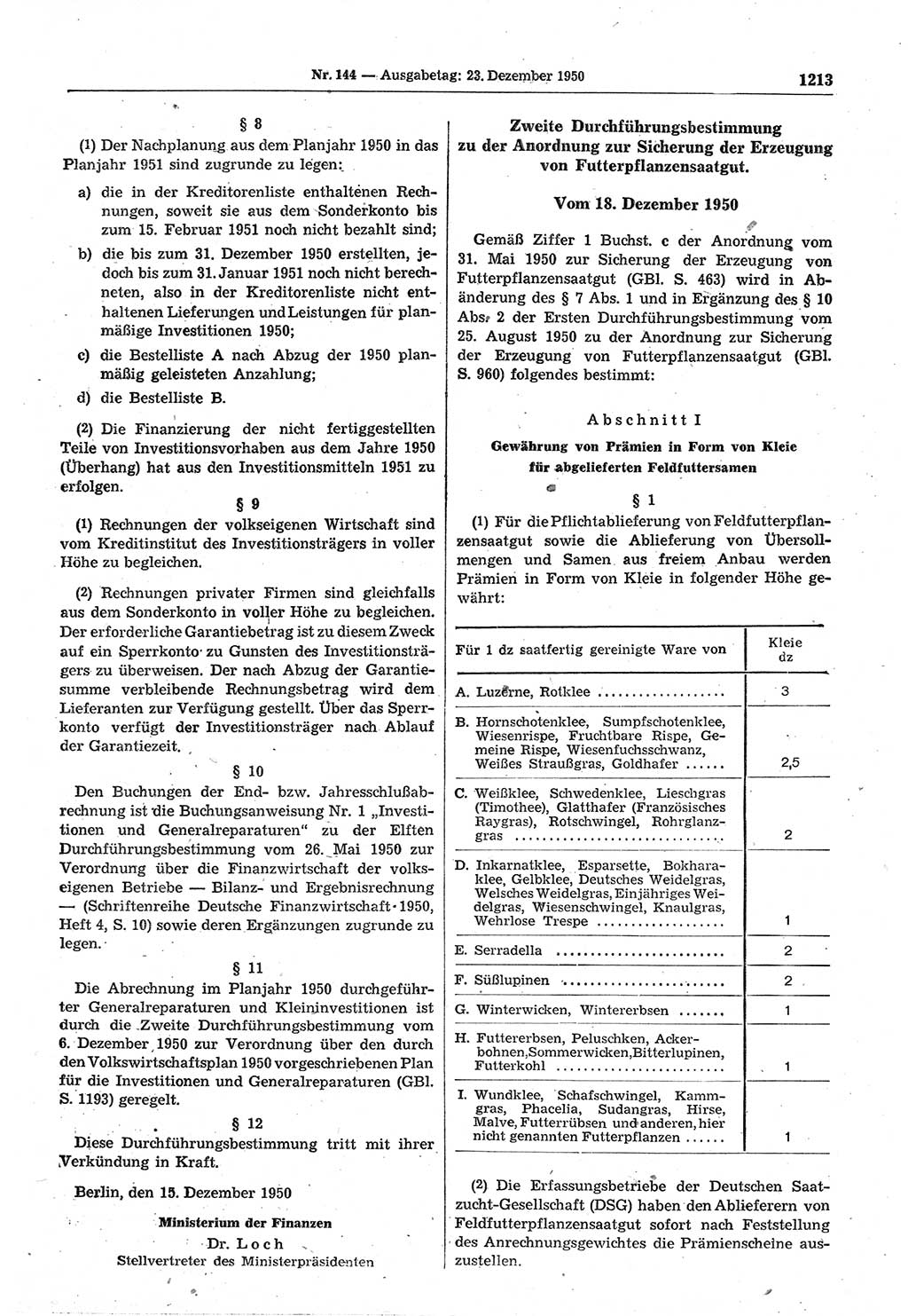 Gesetzblatt (GBl.) der Deutschen Demokratischen Republik (DDR) 1950, Seite 1213 (GBl. DDR 1950, S. 1213)