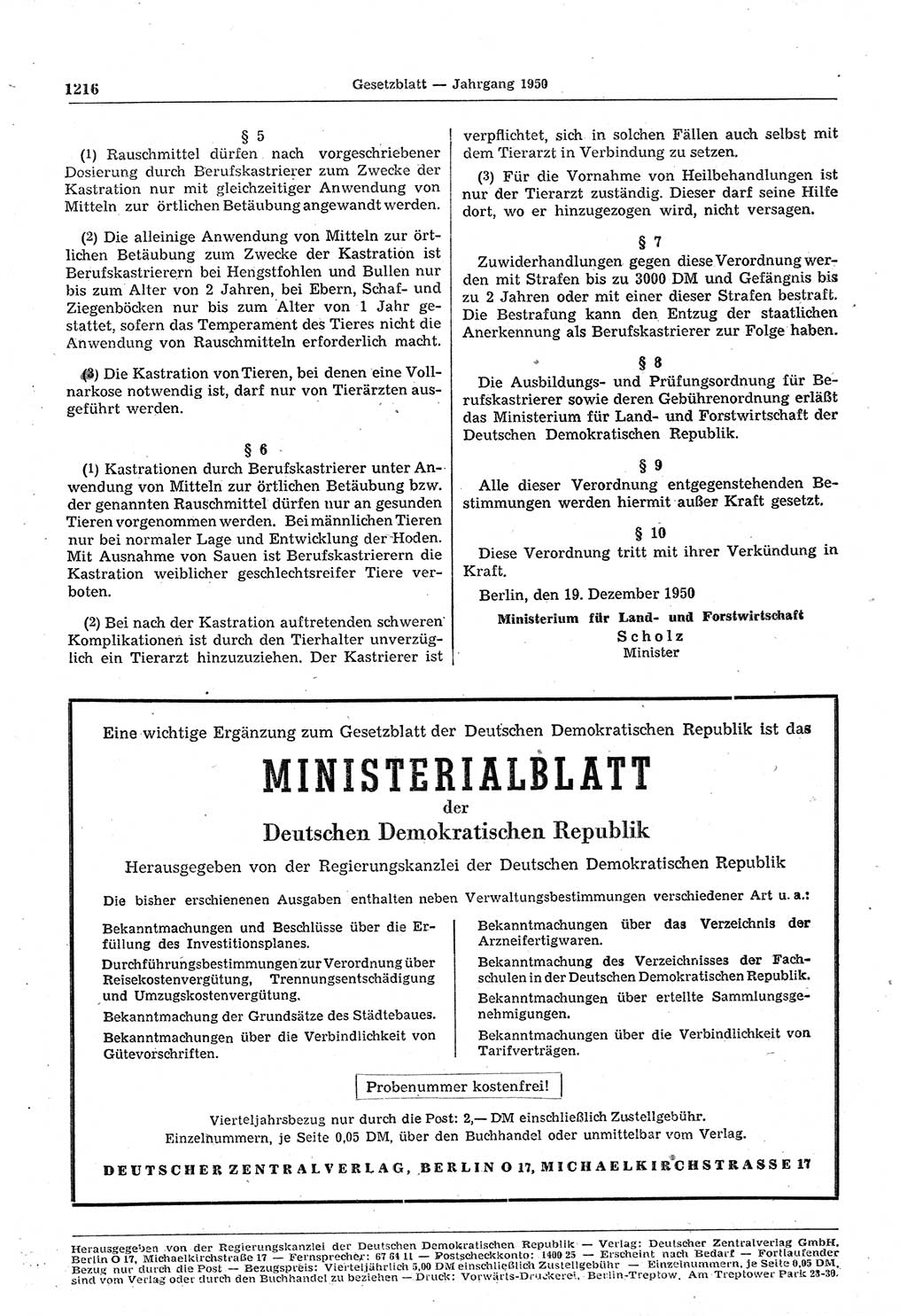 Gesetzblatt (GBl.) der Deutschen Demokratischen Republik (DDR) 1950, Seite 1216 (GBl. DDR 1950, S. 1216)